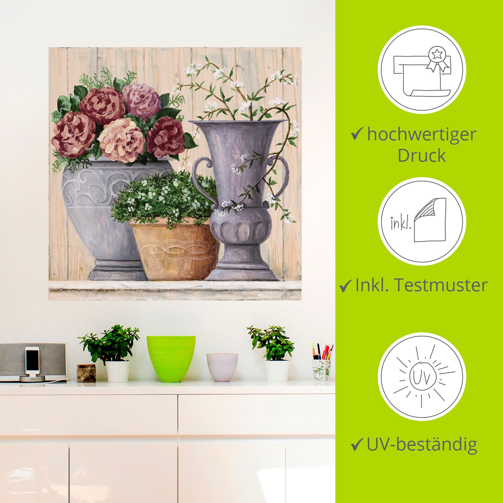 Artland Wandbild »Antike Blumen_hell«, Vasen & Töpfe, (1 St.), als Alubild, Outdoorbild, Leinwandbild, Poster, Wandaufkleber