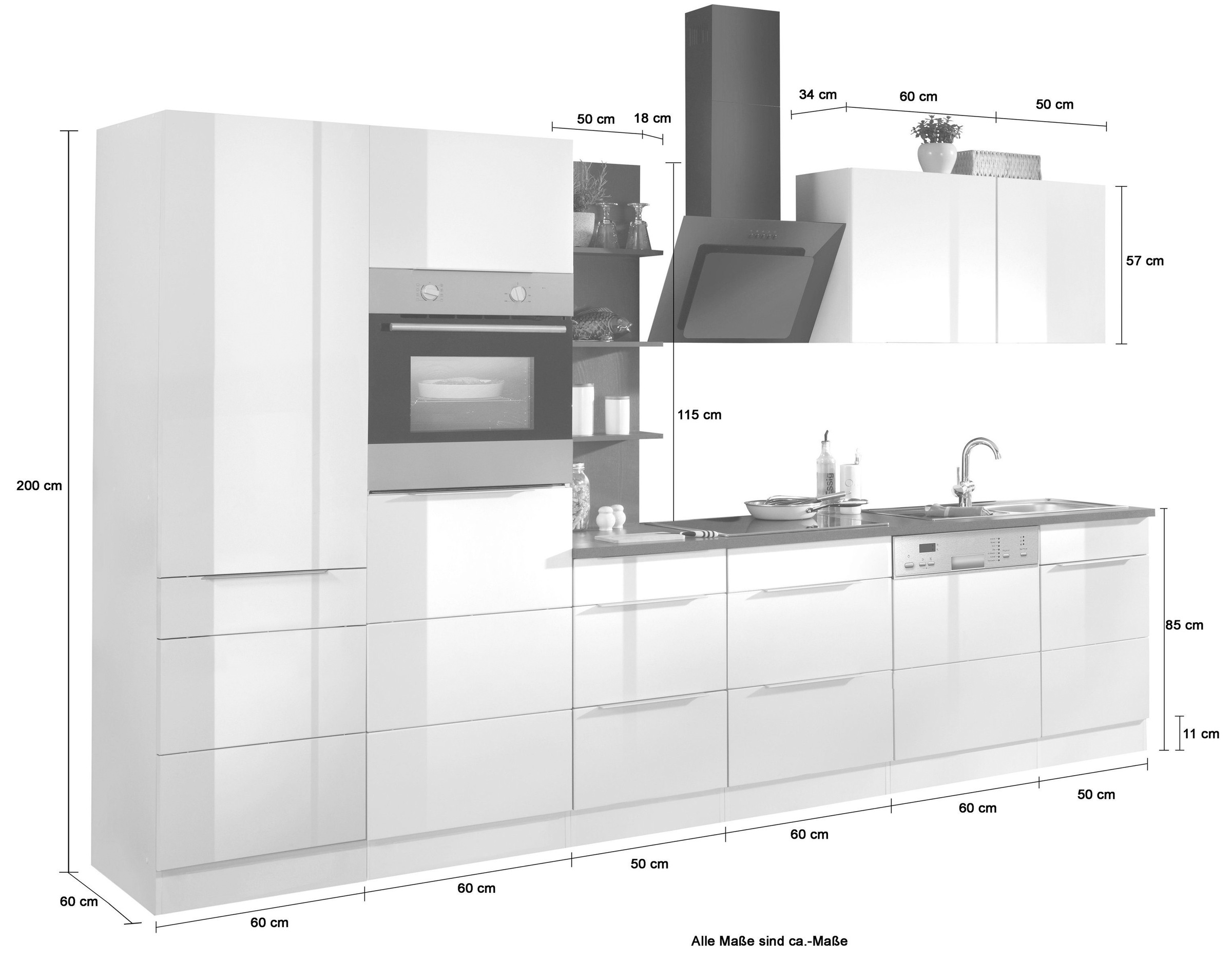 KOCHSTATION Küchenzeile »KS-Brindisi Breite 340 cm«, wahlweise mit E-Geräten und Induktion, mit MDF-Fronten und Regal