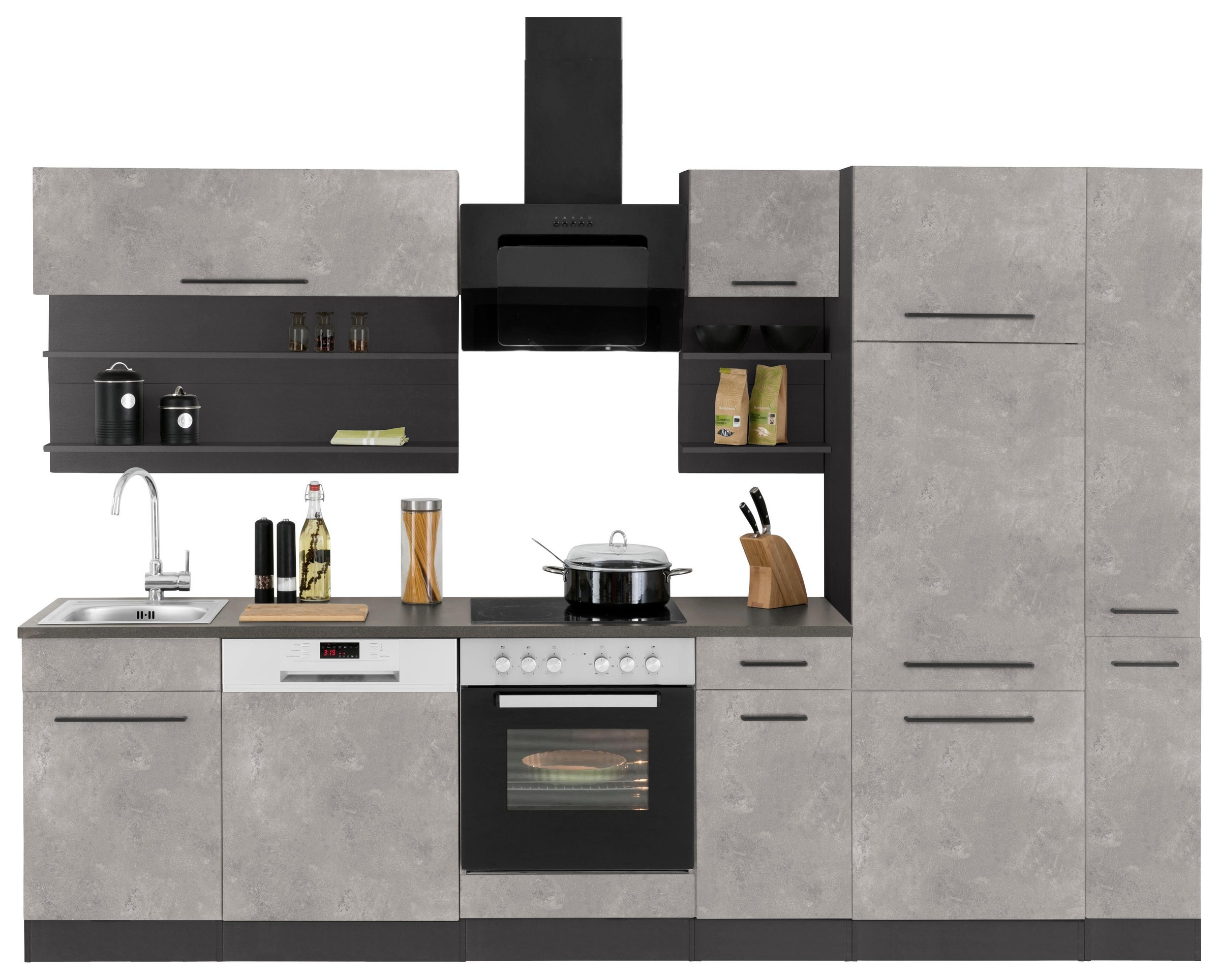 KOCHSTATION Küchenzeile »KS-Tulsa«, ohne E-Geräte, Breite 300 cm, schwarze Metallgriffe, MDF Fronten