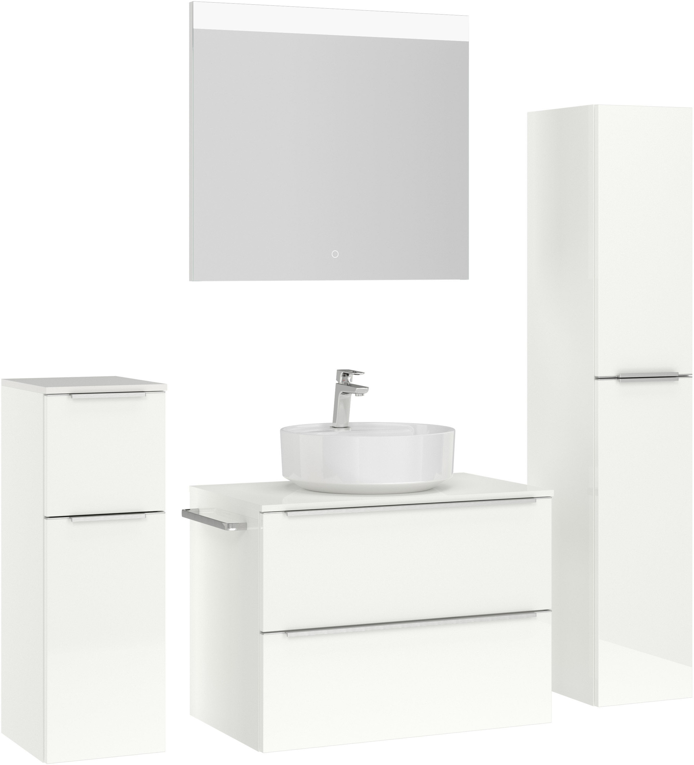 nobilia® Badmöbel-Set »Alvene«, (4 St., vormontiert, mit Soft-Close), Hochglanz, inkl. Spiegel mit Touch-Sensor, in vier Breiten