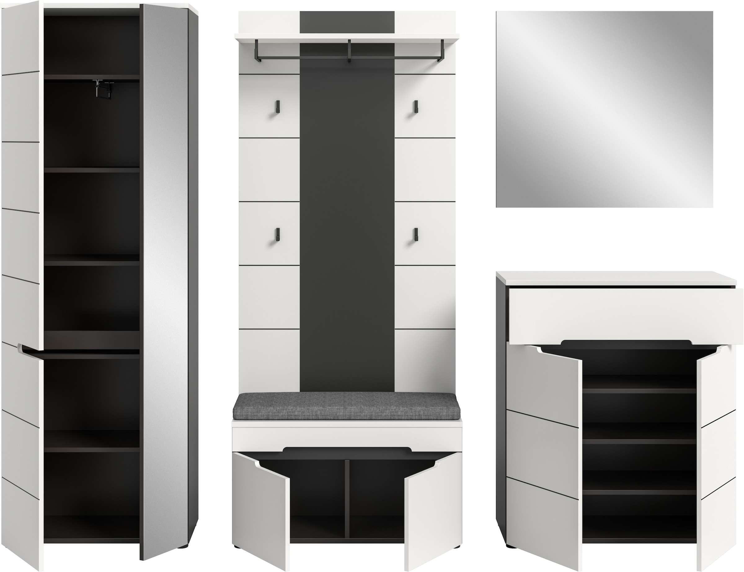 INOSIGN Garderoben-Set, (Set, 6 St., bestehend aus: Schrank, Sitzbank, Sitzkissen, Paneel, Spiegel, Kommode), Garderobenkombination, Kombination, Set, Flurgarderobe, Diele