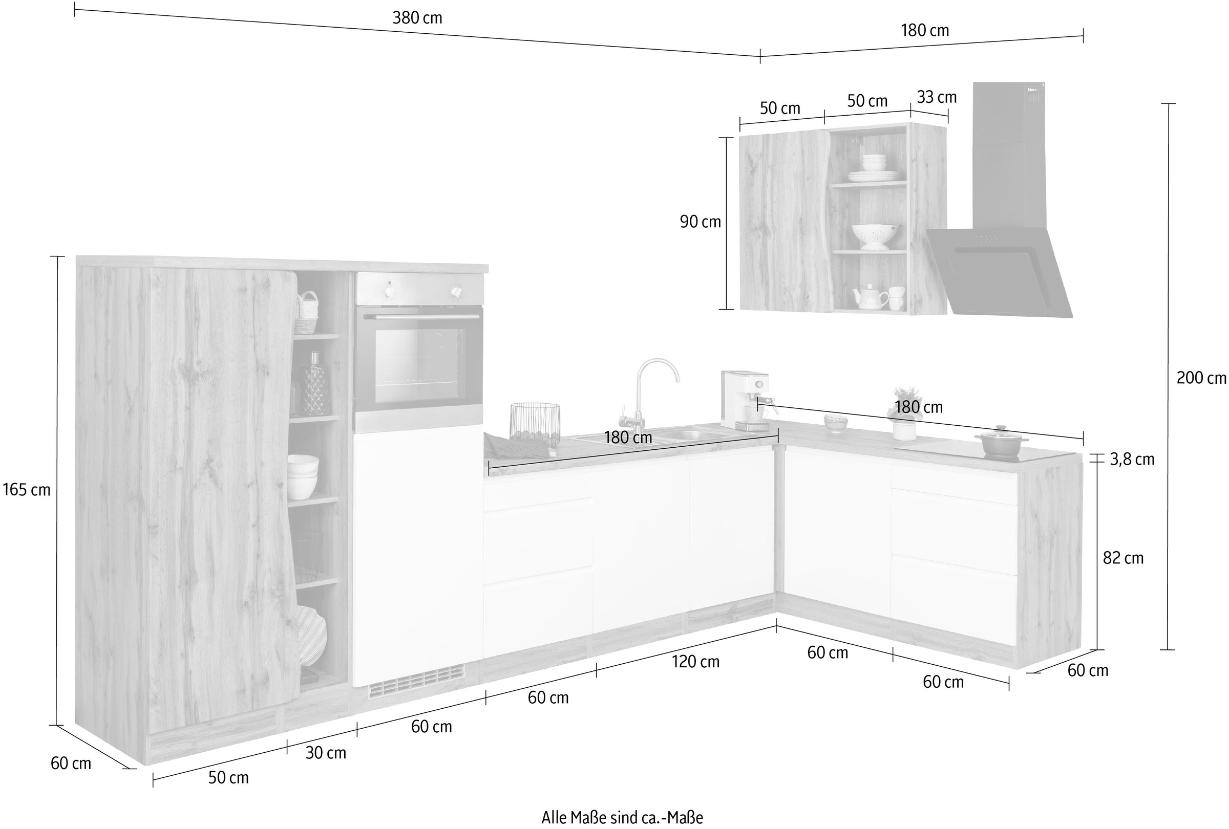 KOCHSTATION Winkelküche »KS-Bruneck«, Stellbreite 380/180 cm breit, Ceran oder Induktionskochfeld, MDF