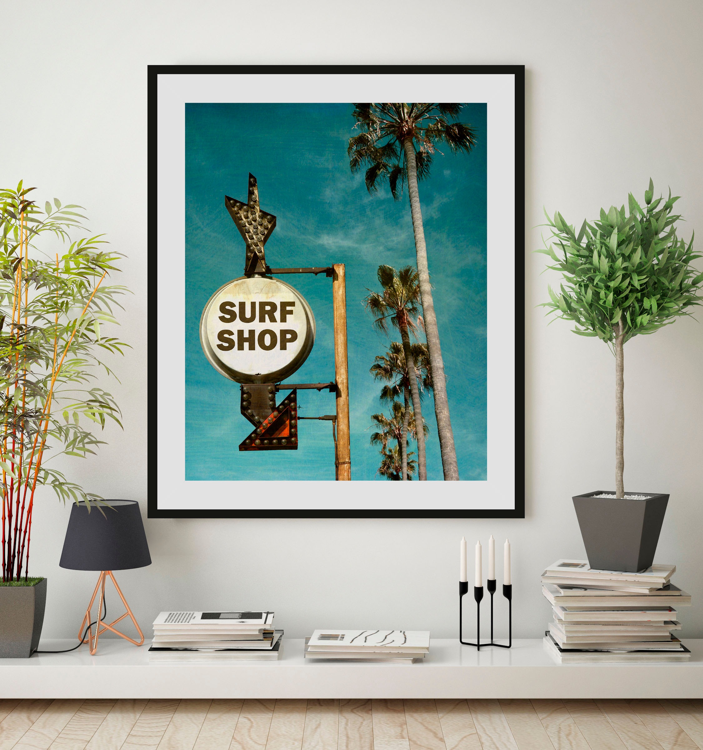 queence Bild »SURF SHOP«, (1 St.), HD Premium Poster-Druck inkl. Holzrahmen günstig online kaufen