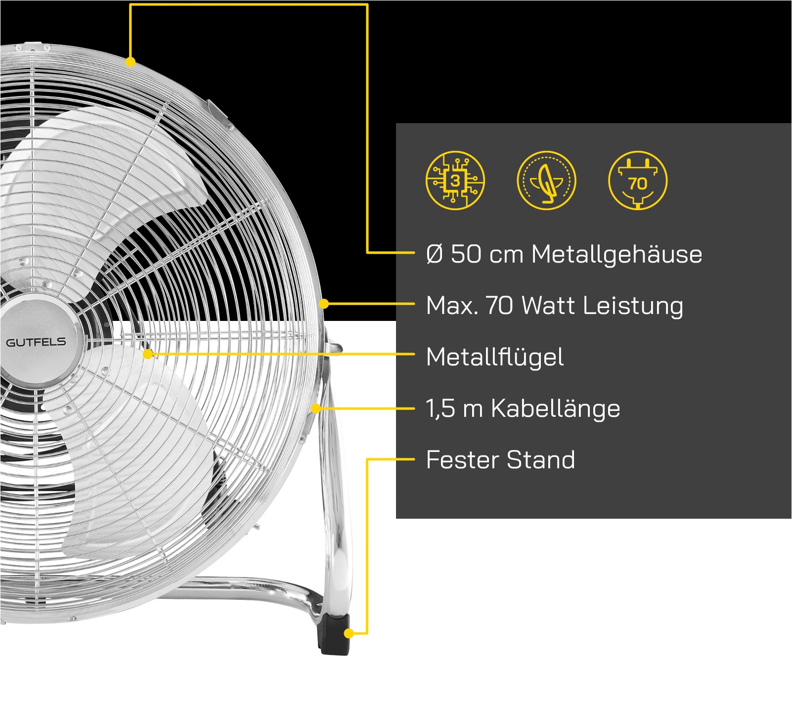 Gutfels Bodenventilator »VB 37059 ch«, Ø 50 cm, Vollmetall, 100 W Leistung, edelstahlfarben