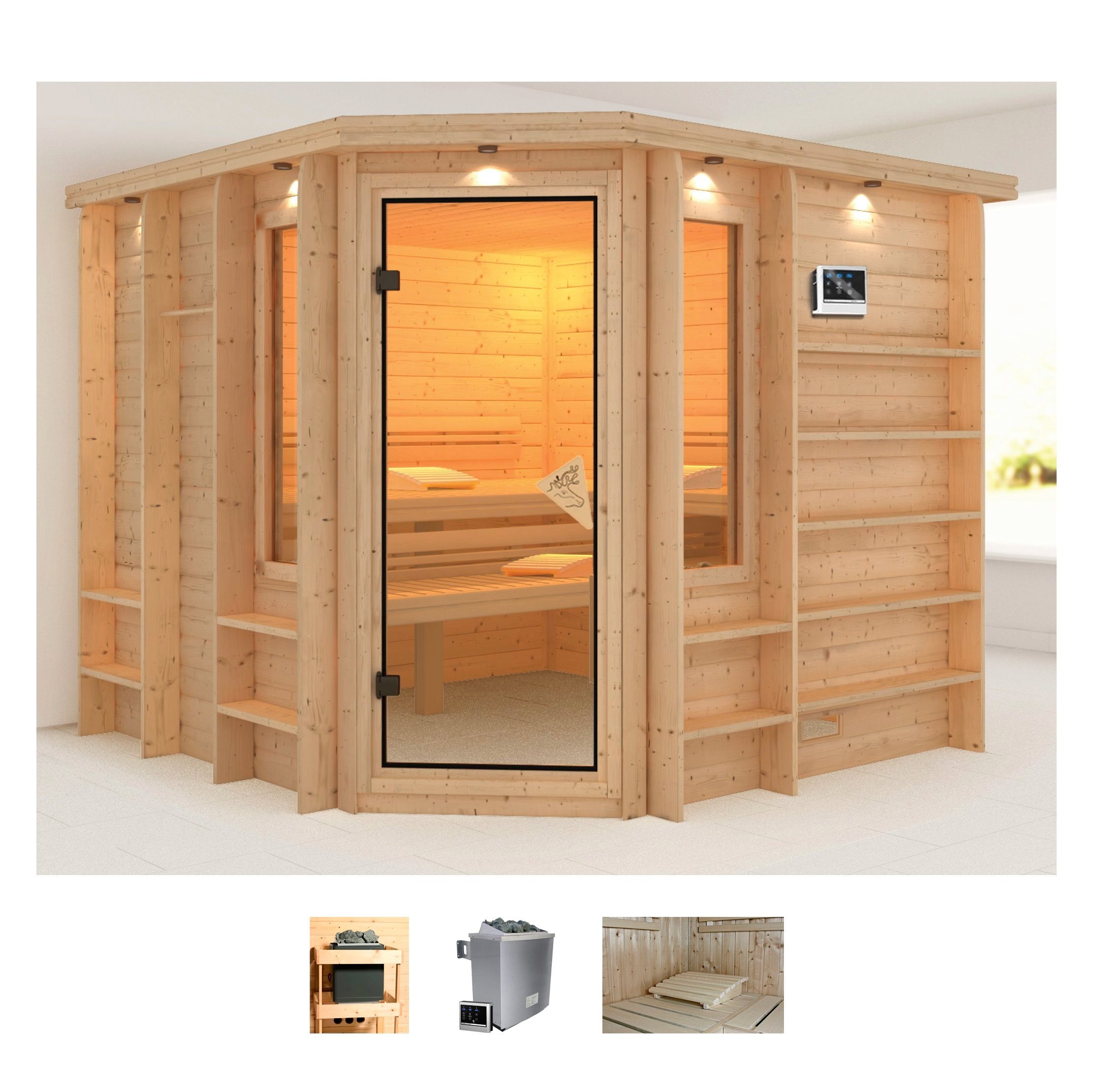 Karibu Sauna »Malena«, (Set), 9-kW-Ofen mit externer Steuerung günstig online kaufen
