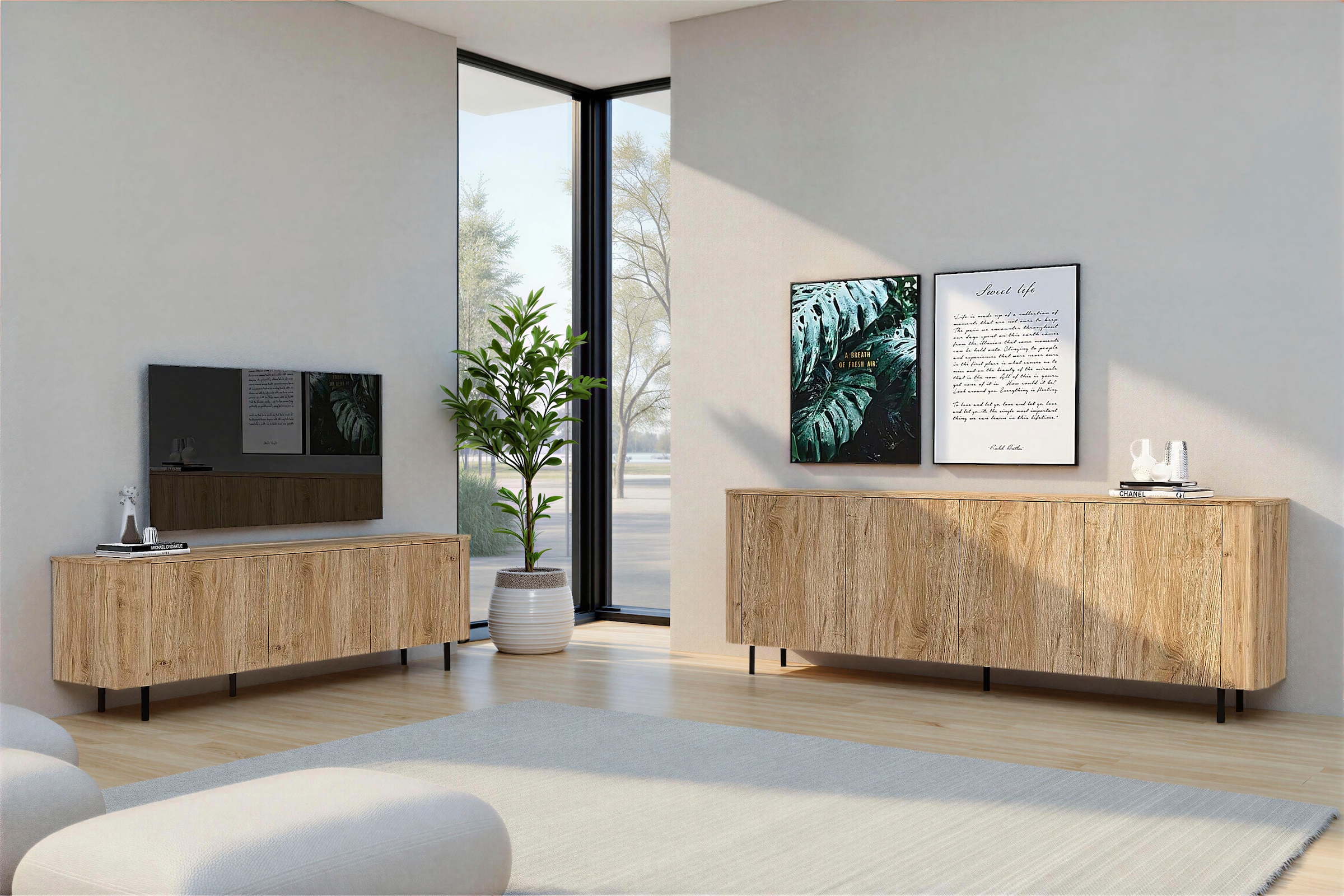 Home affaire Lowboard »Murano, 181 cm breit, 3 Türen, TV-Schrank, TV-Kommode, Medienboard« Formgebogenes MDF, Stirnseiten mit Rundung, Füße und Griffe aus Metall