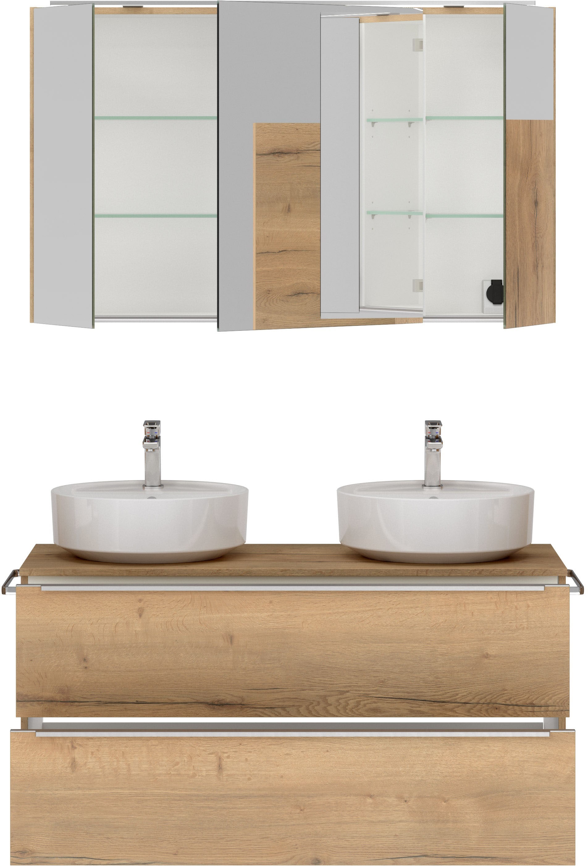 nobilia® Badmöbel-Set »Alvene«, (2 St., vormontiert, mit Soft-Close), inkl. Spiegelschrank mit Beleuchtung und Dimmerfunktion, in 4 Breiten
