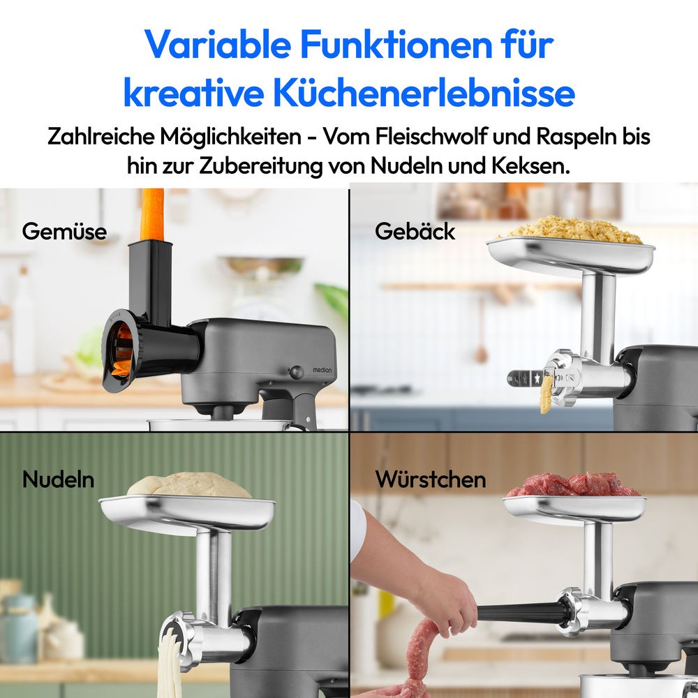 Medion® Küchenmaschine »MD 12600, 8 Geschwindigkeitsstufen, Impulsfunktion, DC-Motor, 4,6 L«, Mit umfangreichem Zubehör-Set, Fleischwolf-Aufsatz, Gemüsereibe