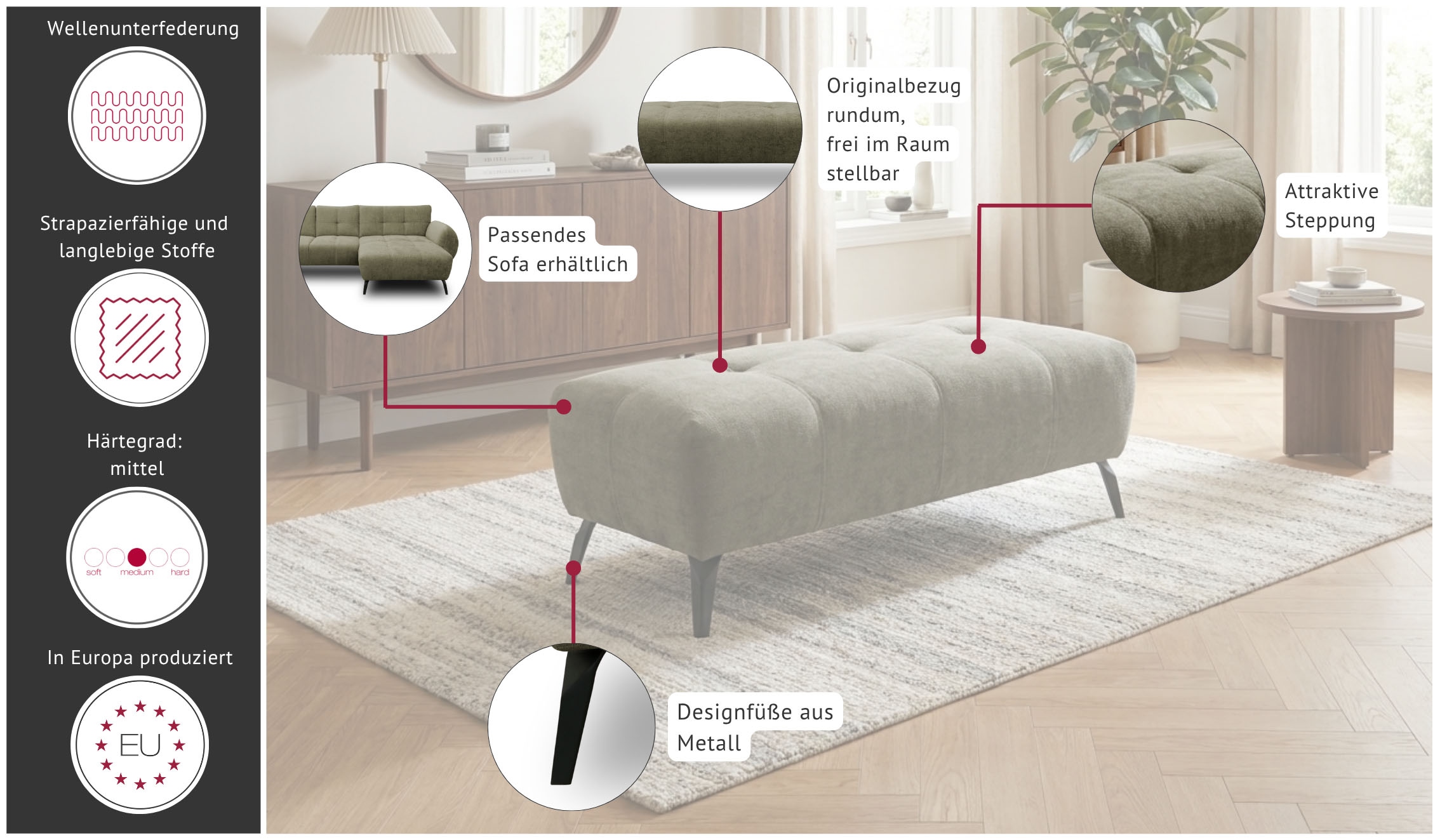 OTTO home Hocker »Viiborg 121 x 63 cm, mit Steppungen, elegant, modern« pflegeleichter Bezug, extra hohe Füße - passend für Saugroboter!