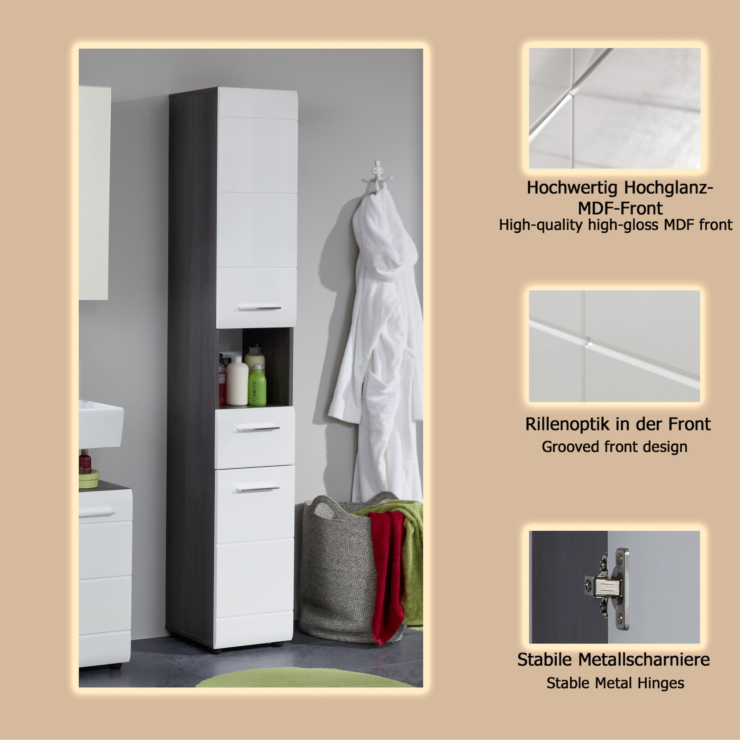 welltime Hochschrank »Sovana« Badezimmerschrank in Hochglanzoptik - (B/T/H) 30/31/182 cm