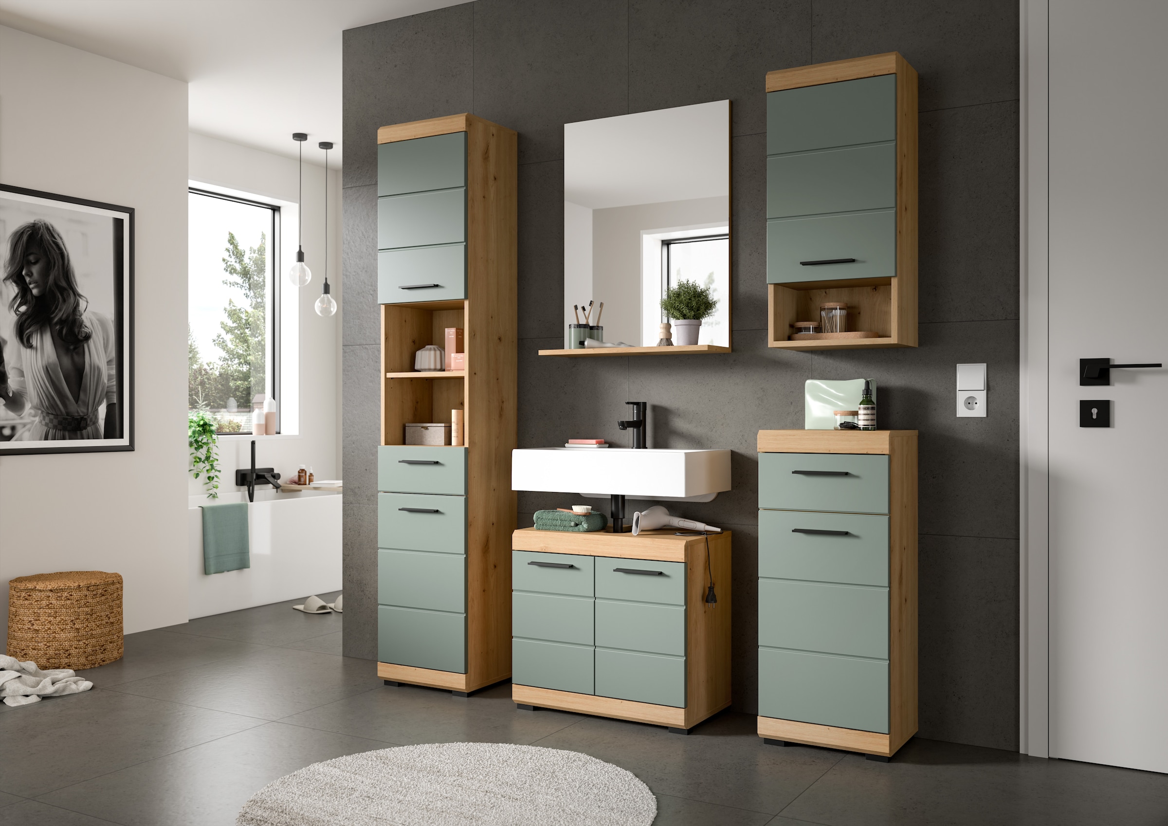 INOSIGN Badmöbel-Set »Siena, 3 teilig, bestehend aus:«, (Set), Hochschrank, Waschbeckenunterschrank, Spiegel
