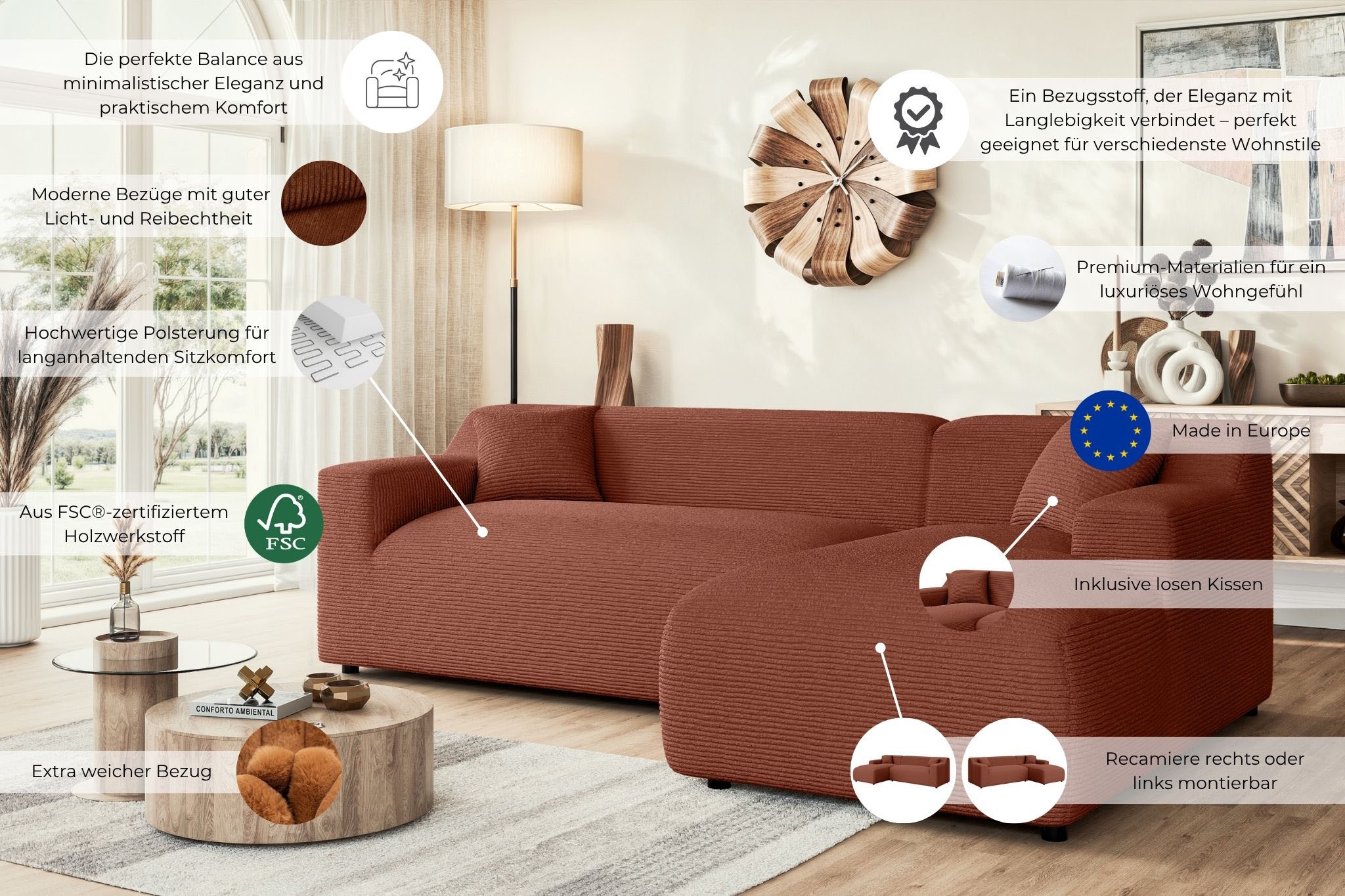 Home affaire Ecksofa »LILLIANA Designsofa, L-Form mit Recamiere rechts/links bestellbar« L-Form mit Wellenunterfederung, Maße B/T/H: 256/160/76 cm