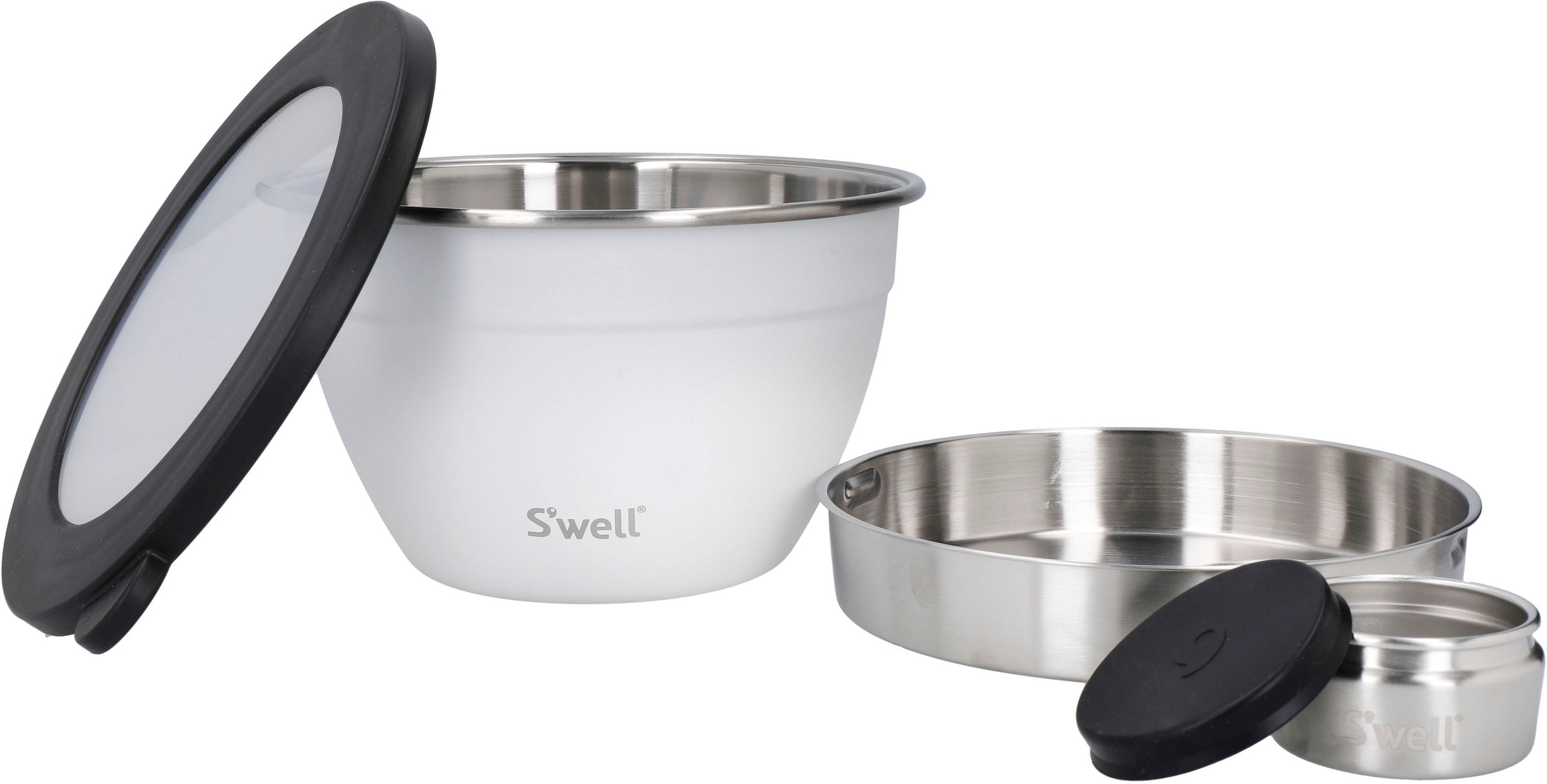 S'well Salatschüssel »S'well Calacatta Gold Salad Bowl Kit, 1.9L«, 3 tlg., aus Edelstahl, Therma-S'well®-Technologie mit vakuumisolierten Außenschale