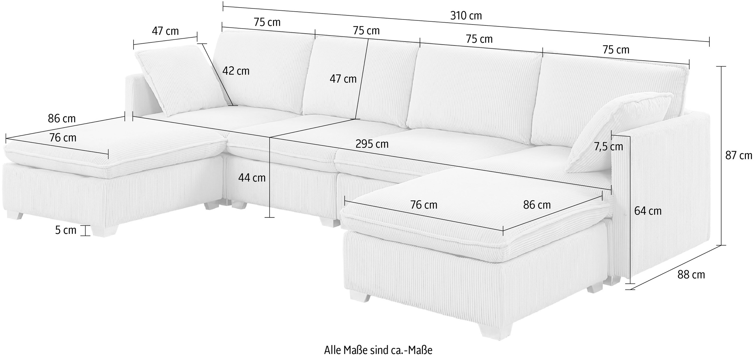 ATLANTIC home collection Wohnlandschaft, modularer 4-Sitzer mit 2 Hockern, weicher Cordbezug
