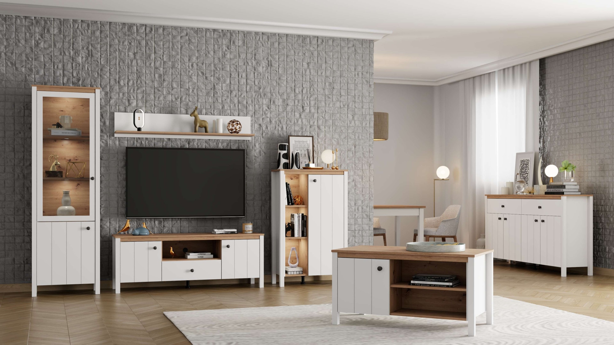 Home affaire Vitrine »BEDFORD Vitrinenschrank, Glasschrank, Standvitrine, Highboard« MDF-Profil 2D ummantelt, 2 Türen & 4 Einlegeböden mit Metallgriffen
