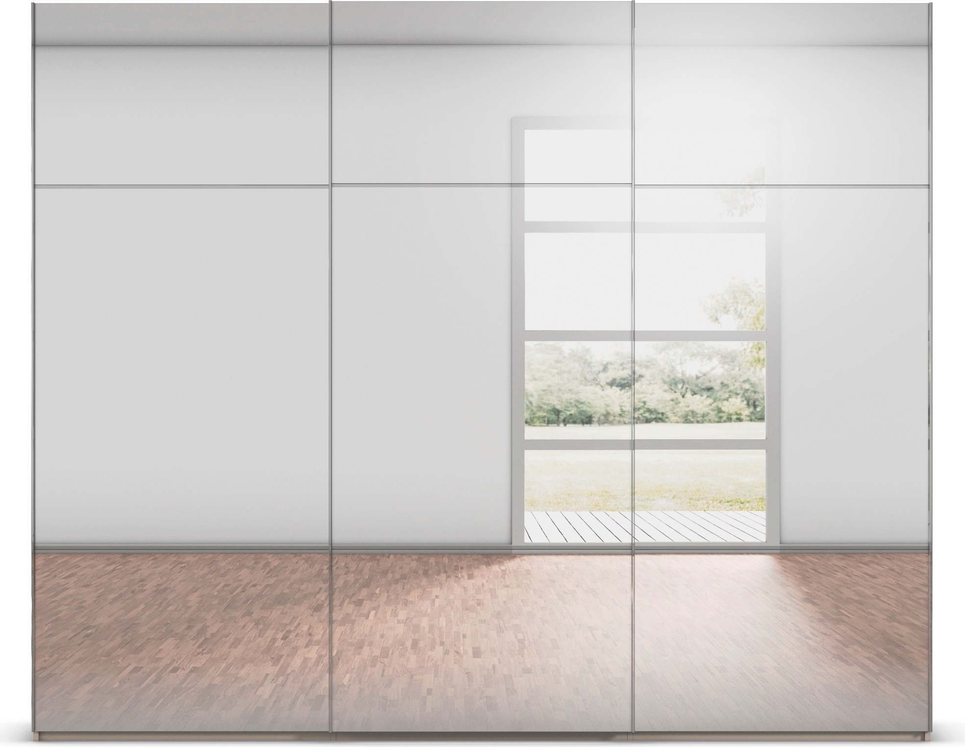 rauch Schwebetürenschrank »Kleiderschrank Schrank Garderobe Schlafzimmerschrank SCALE-TRIO«, edle dreigeteilte Front mit 2 Zierleisten Spiegelfront MADE IN GERMANY