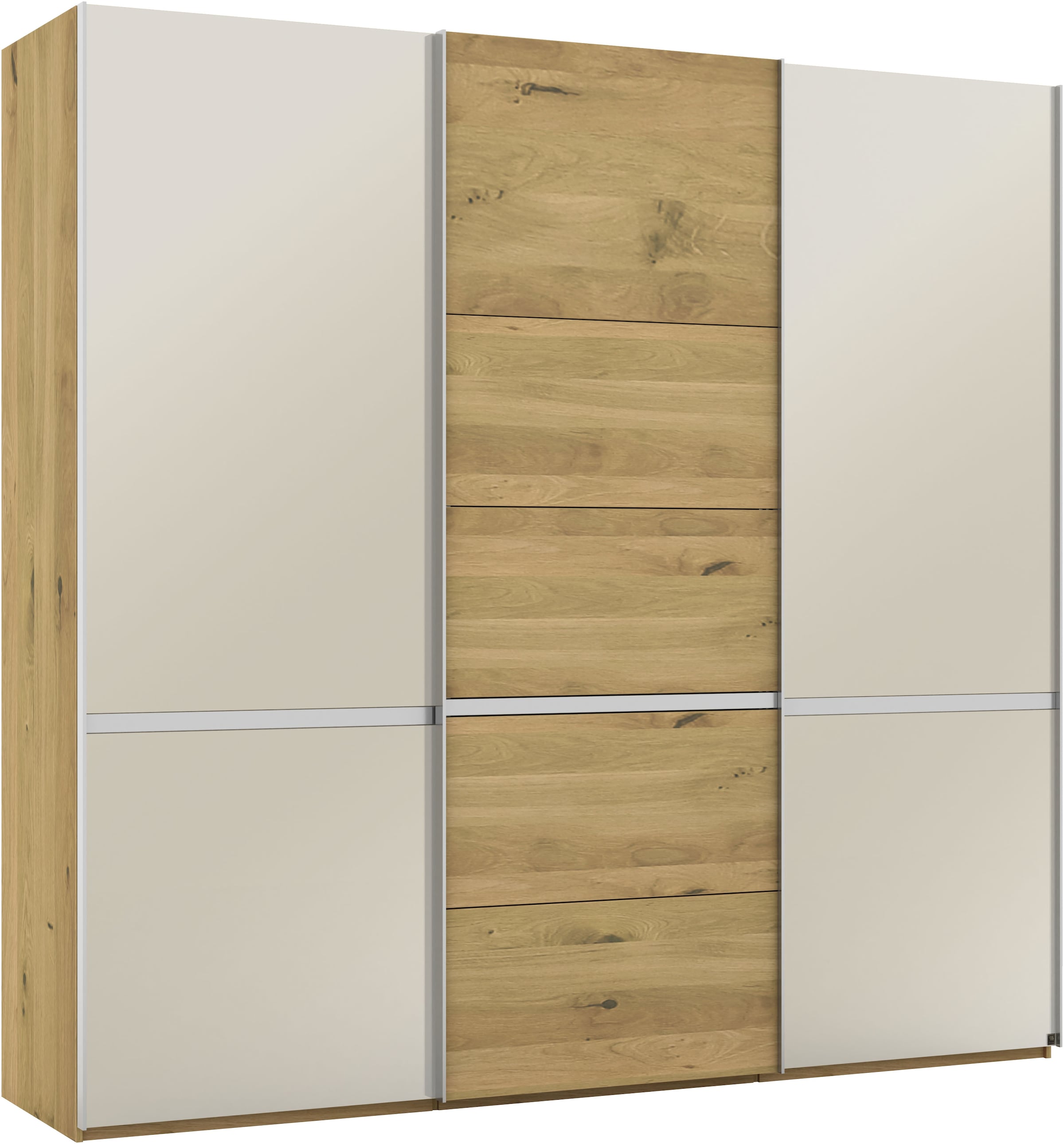 Musterring Schwebetürenschrank »Savona, Kleiderschrank, Schrank, Garderobe, mit Schiebetüren«, (Teilmassiv Bianco-Eiche, mit Spiegel oder Glas, MADE IN GERMANY), Türen Bianco-Eiche massiv, Spiegel-/Glastüren, eingelegte Chromleiste