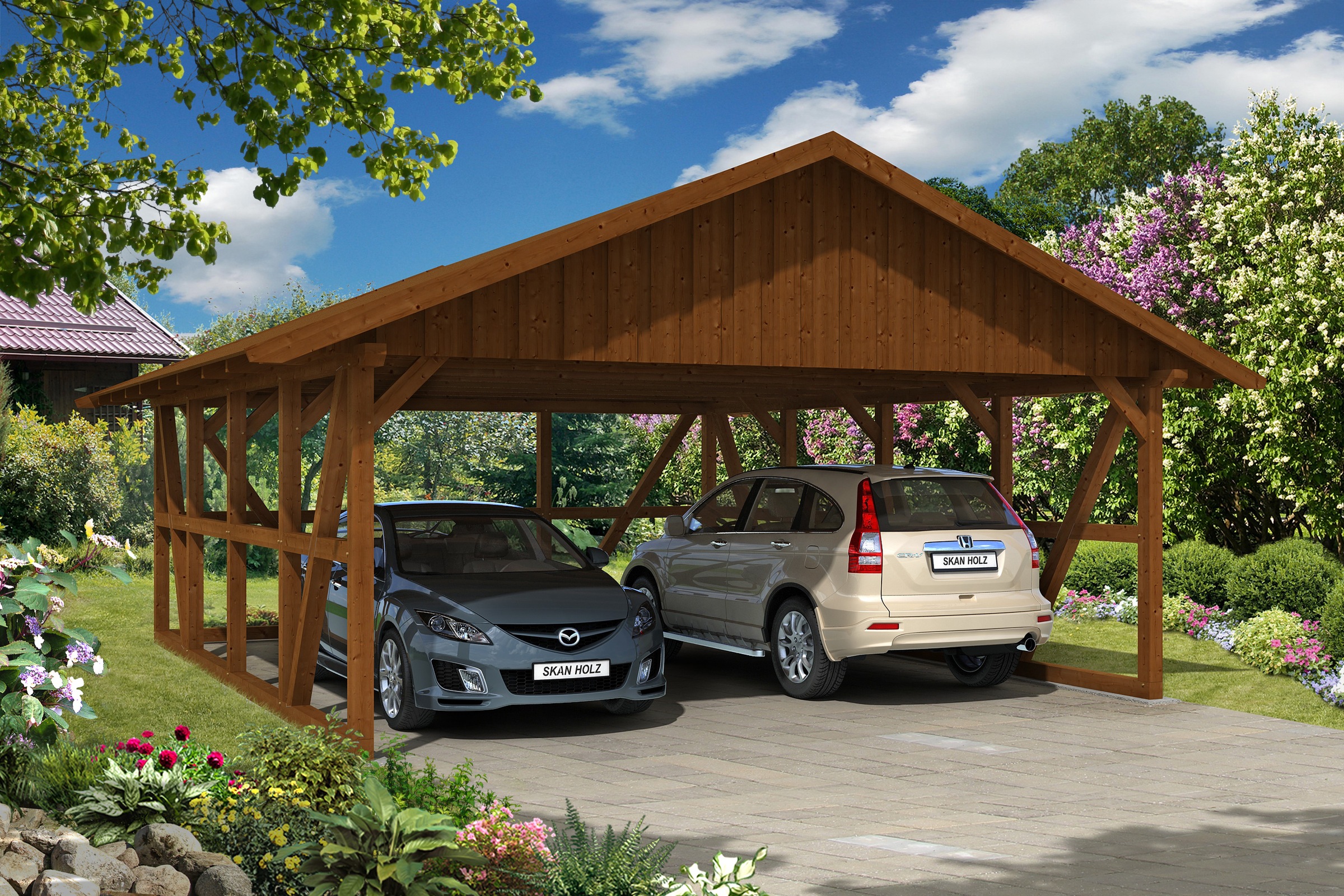 Skanholz Doppelcarport »Schwarzwald« Massivholz 560 cm Nussbaum mit Rückwand, mit Dachschalung