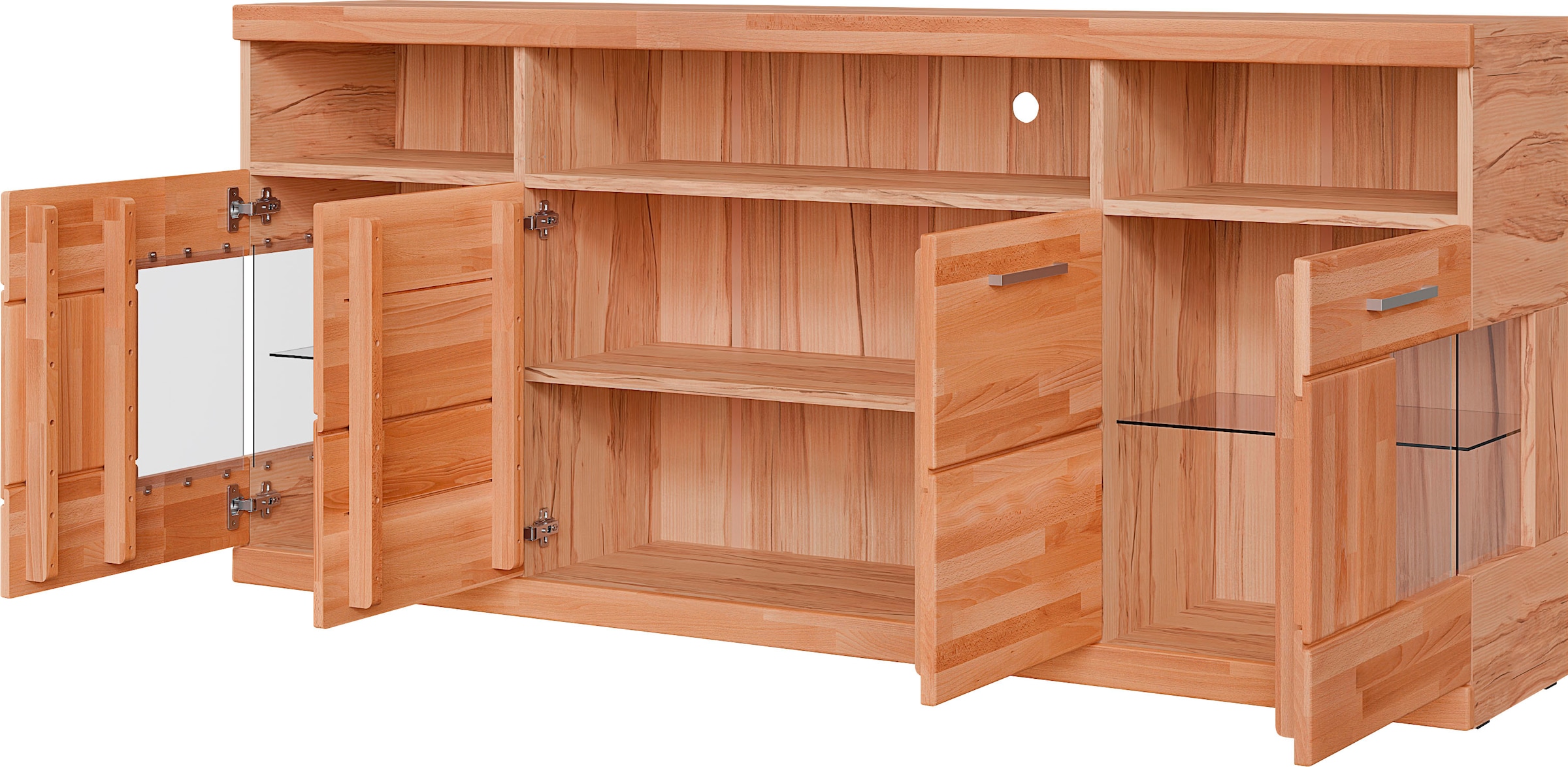 OTTO home Sideboard »RIBE20 Fronten massiv,Korpus Melamin, 2 Türen mit Glaseinsatz« B/T/H: 180/35/80cm,3offene Fächer u 6geschlossene,Teilmassiv Kernbuche