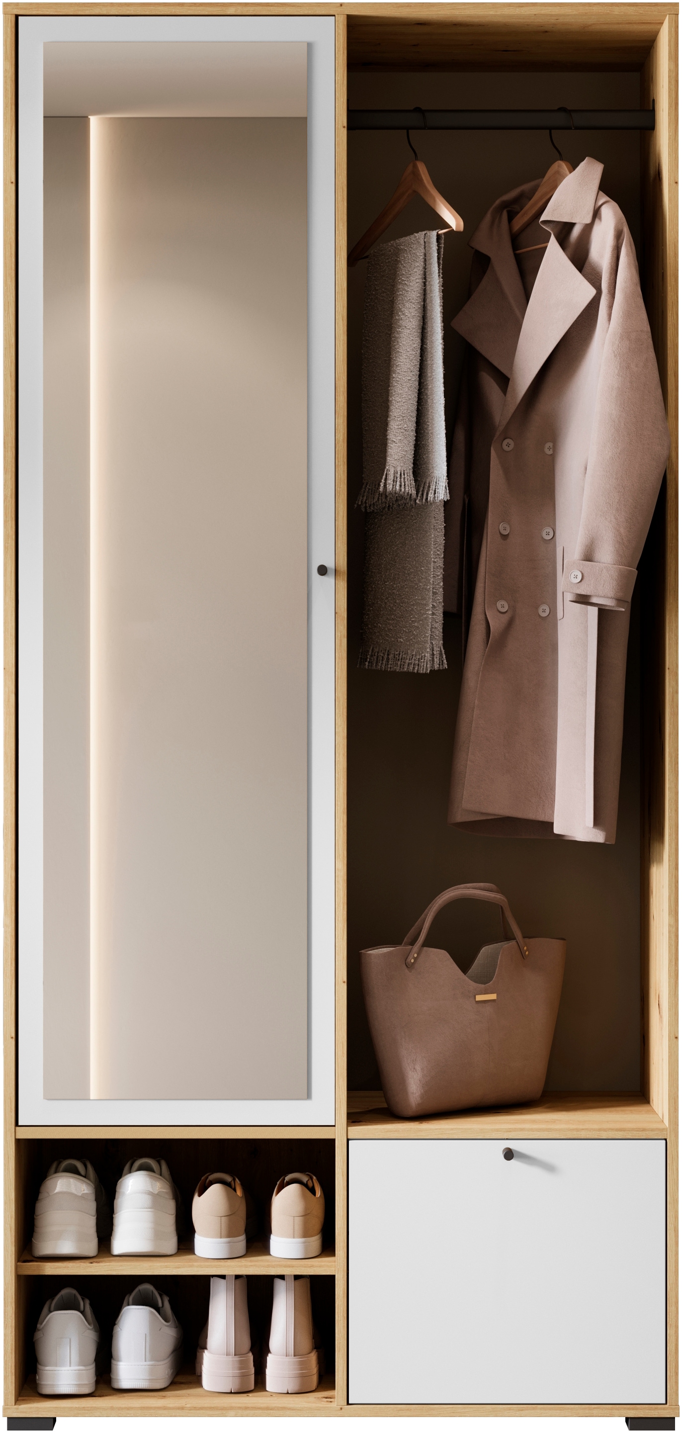 INOSIGN Garderobenschrank »DINO Kompaktgarderobe, Garderoben-Set DINO«, Mit Spiegel und Kleiderstange, 90 cm breit, Türanschlag wechselbar