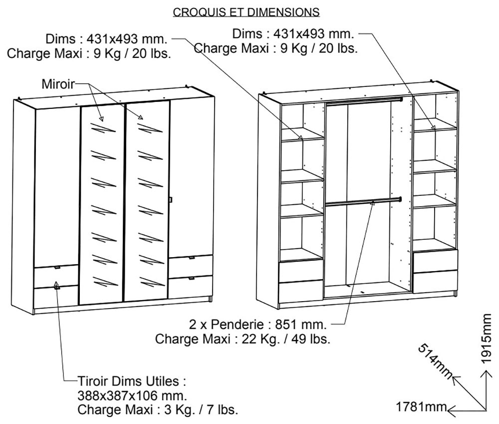 Demeyere GROUP Kleiderschrank »Mellie, 2 Spiegel, 4 Schubladen, 36 Regale, 2 Kleiderstangen«, (H/B/ T ca. 191/180/52cm), maximaler Stauraum, Made in France