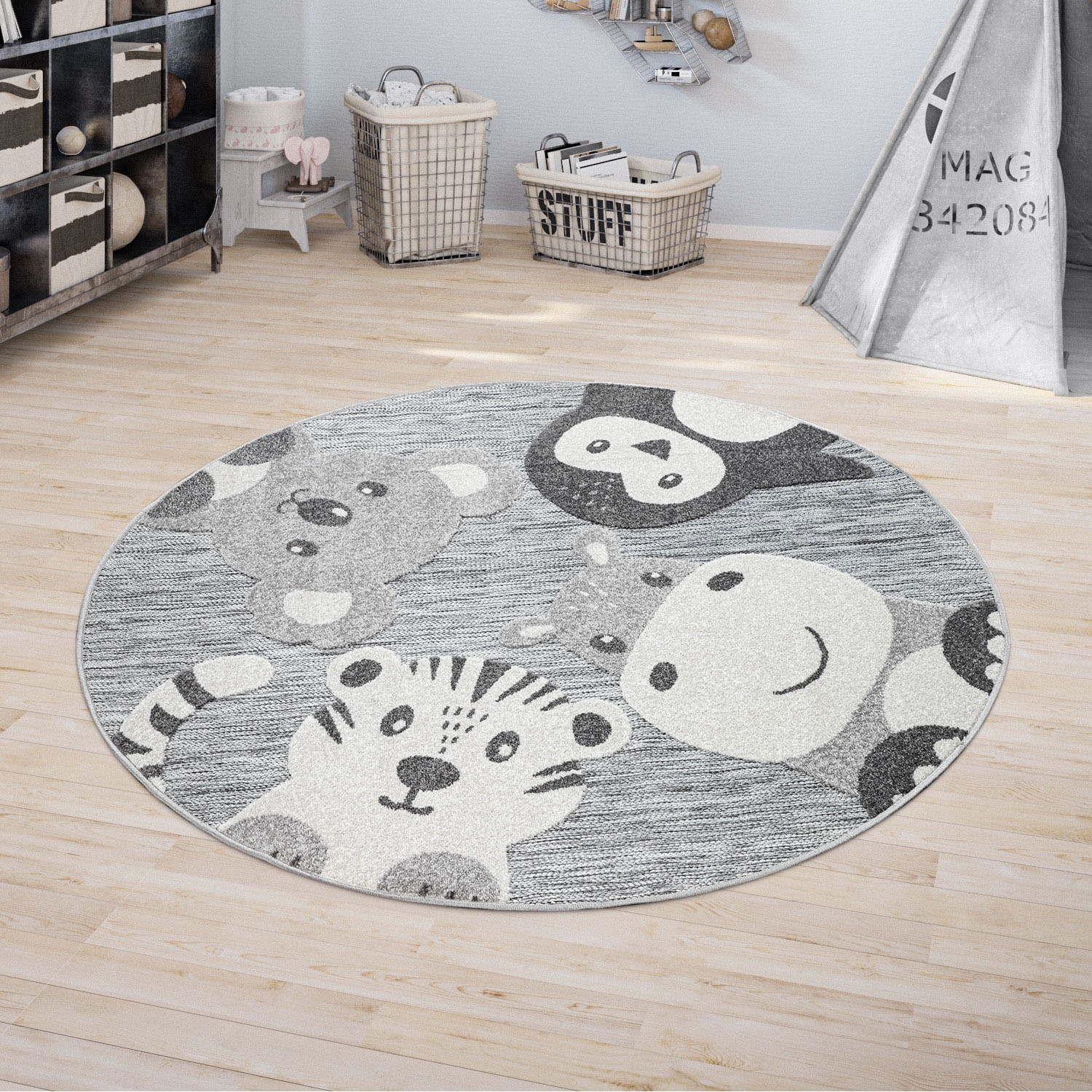 Paco Home Kinderteppich »Tweet 461«, rund, 12 mm Höhe, Flachgewebe mit Hoch-Tief-Effekt, Motiv Tiere, Outdoor geeignet