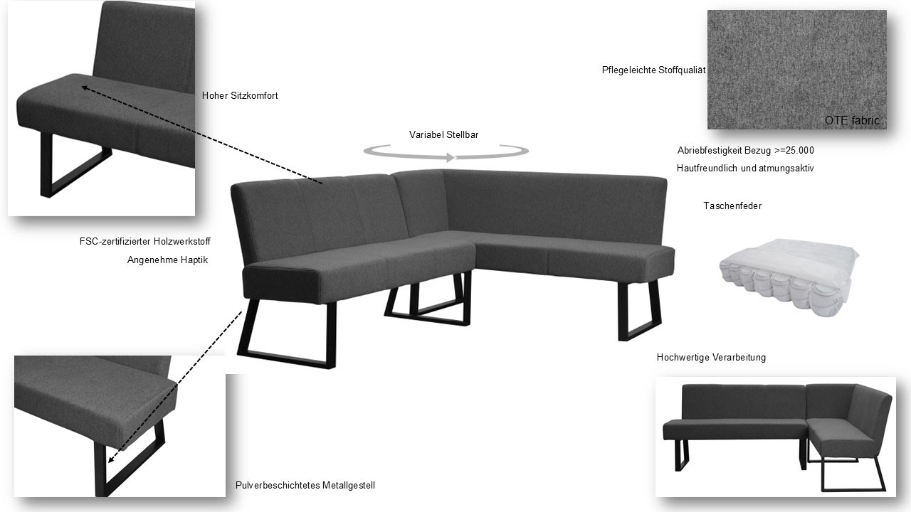 Home affaire Eckbank »Gladiole«, (Sitzbank, Esszimmerbank, Bank), mit Taschenfederkern, schwarzes Metallgestell, Breite 190 cm