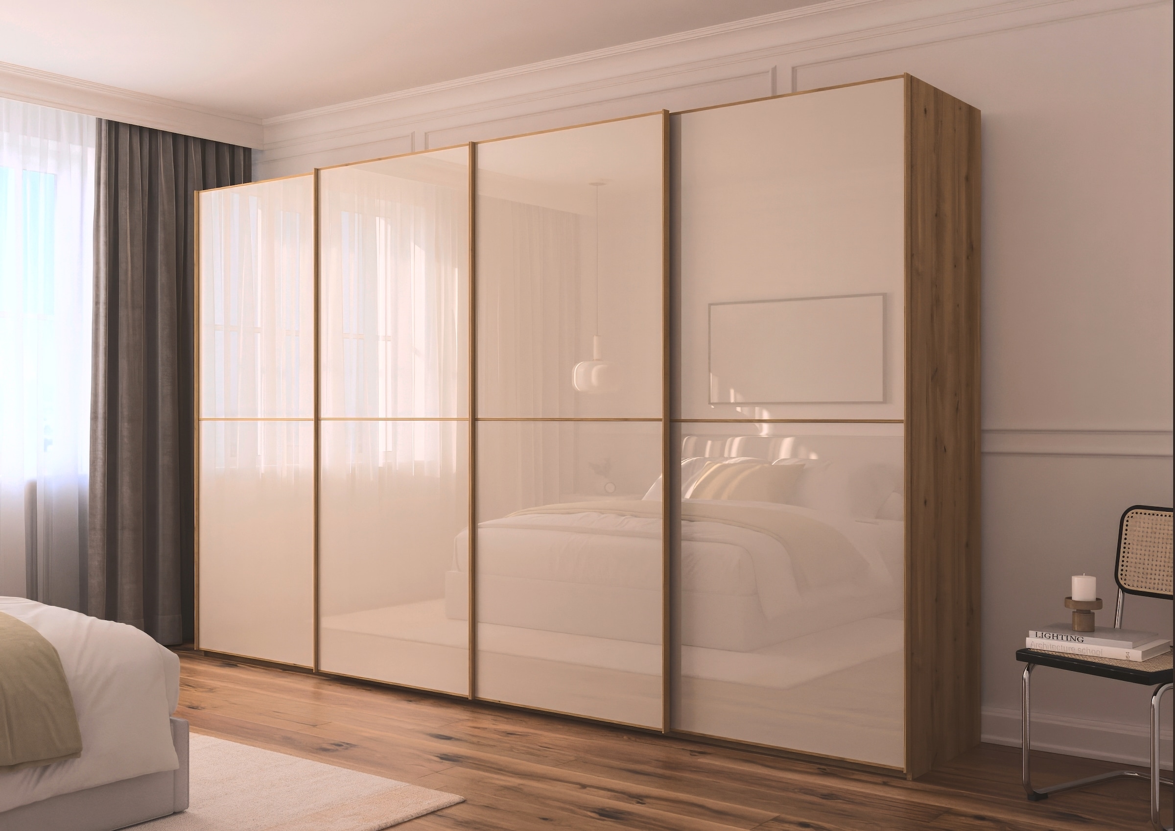 rauch Schwebetürenschrank »Kleiderschrank Schrank Garderobe Schlafzimmerschrank SCALE-DUO«, edle zweigeteilte Türen Glas-Front mit 3 Zierleisten MADE IN GERMANY