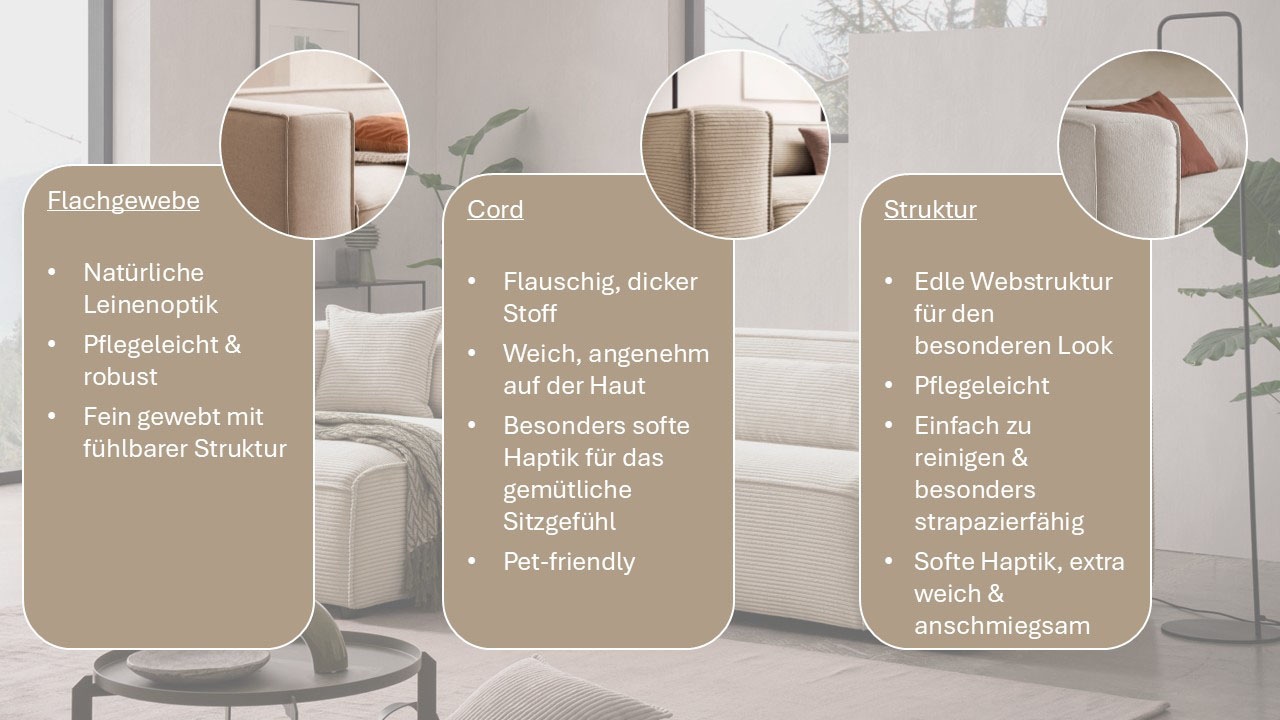 LeGer Home by Lena Gercke Ecksofa »PIARA mit Kedernaht, Cord, Leinenoptik o. Strukturstoff, Couch, L-Form« wahlweise Ottomane rechts/links, schwarze Füße, bequemer Sitzkomfort