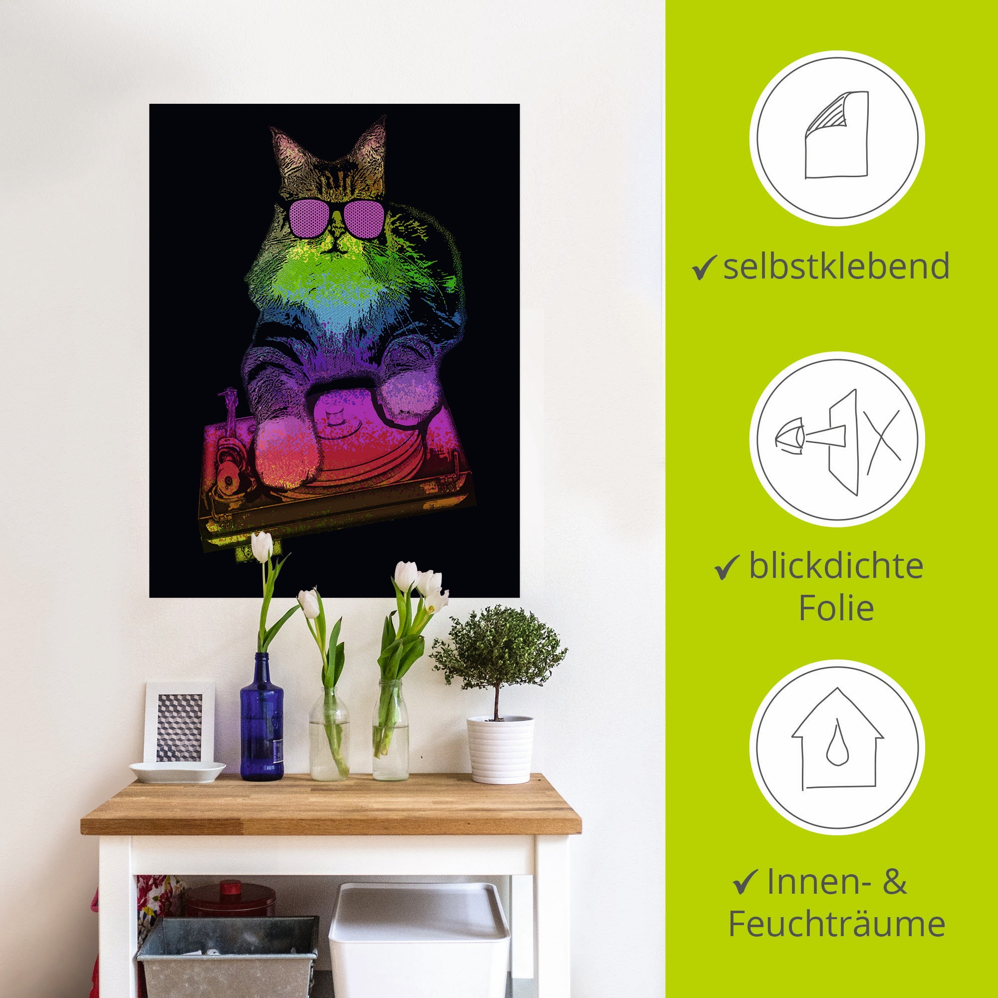 Artland Wandbild »Witzige DJ Katze Party Musik«, Humor, (1 St.), als Alubild, Leinwandbild, Wandaufkleber oder Poster in versch. Größen