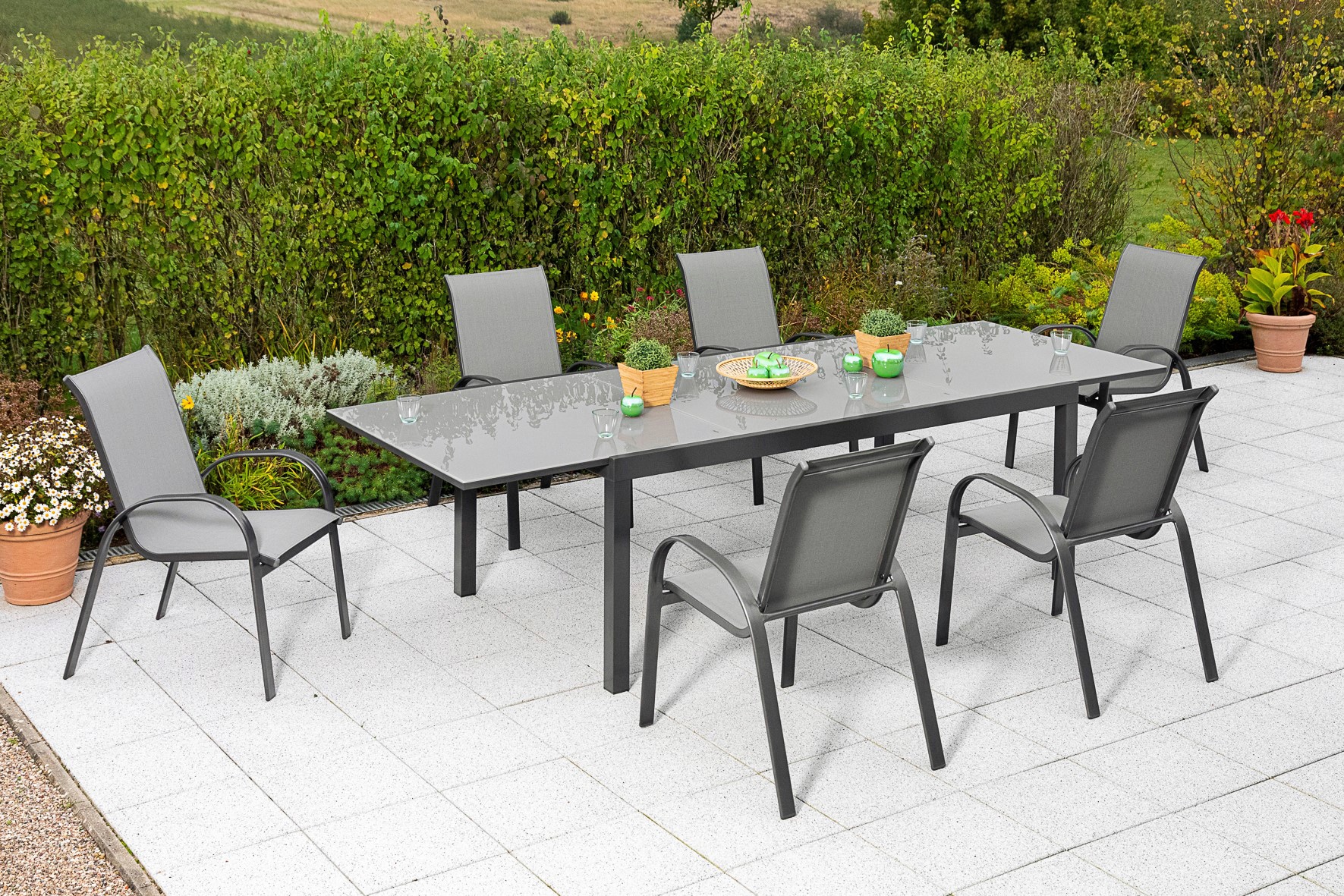 MERXX Garten-Essgruppe »Amalfi« Set, 7 Stk. tlg. 6 Stapelsessel, Ausziehtis günstig online kaufen