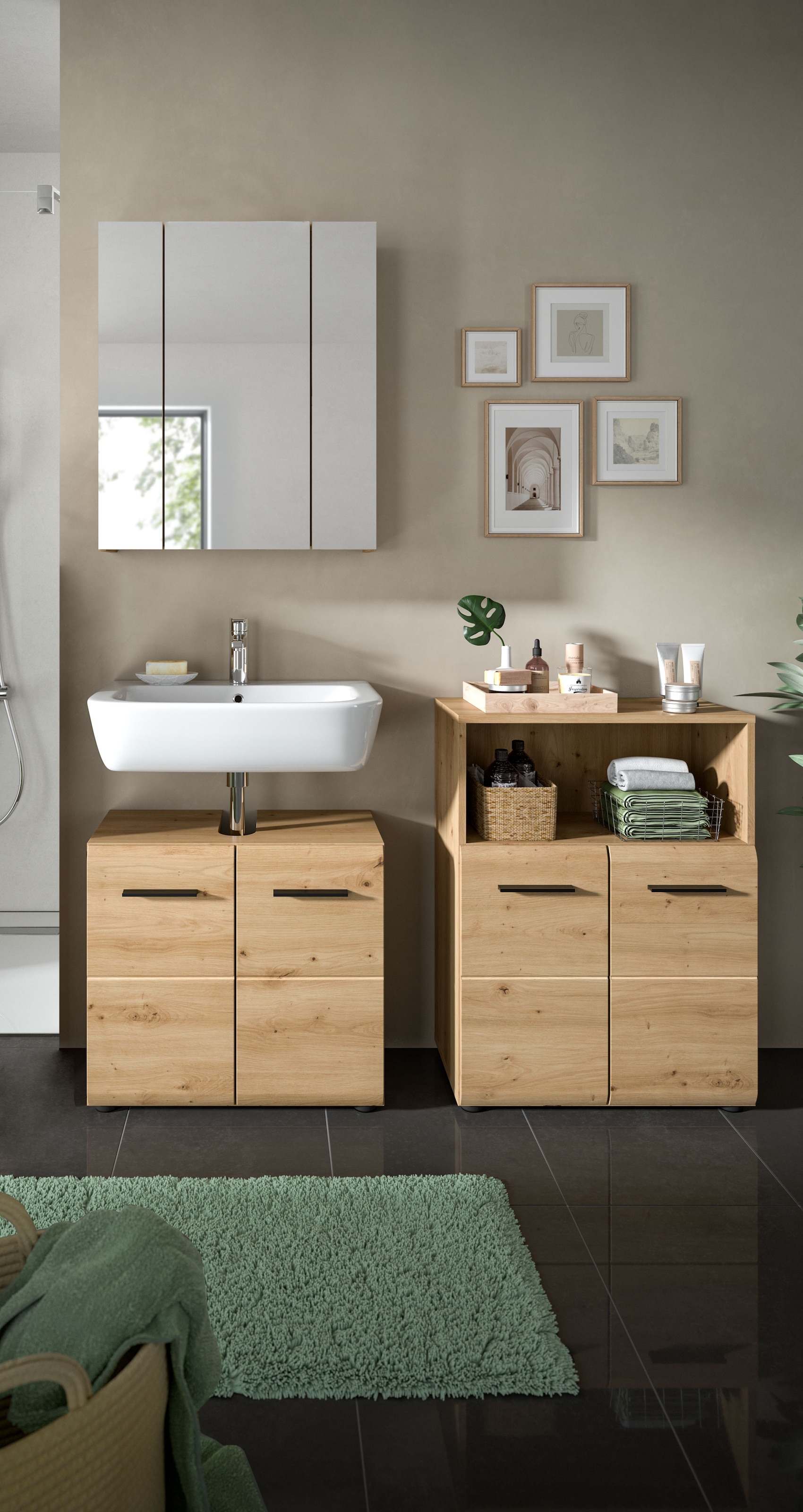 INOSIGN Badmöbel-Set »FLORENZ, TOPSELLER!, 3-teilige Badkombination, hochwertige MDF-Front«, (Set, 3 St., best. aus: Waschbeckenunterschrank, Spiegelschrank, Midischrank breit), Florenz, Badkombination 3-tlg., Artisan Oak NB, WBU