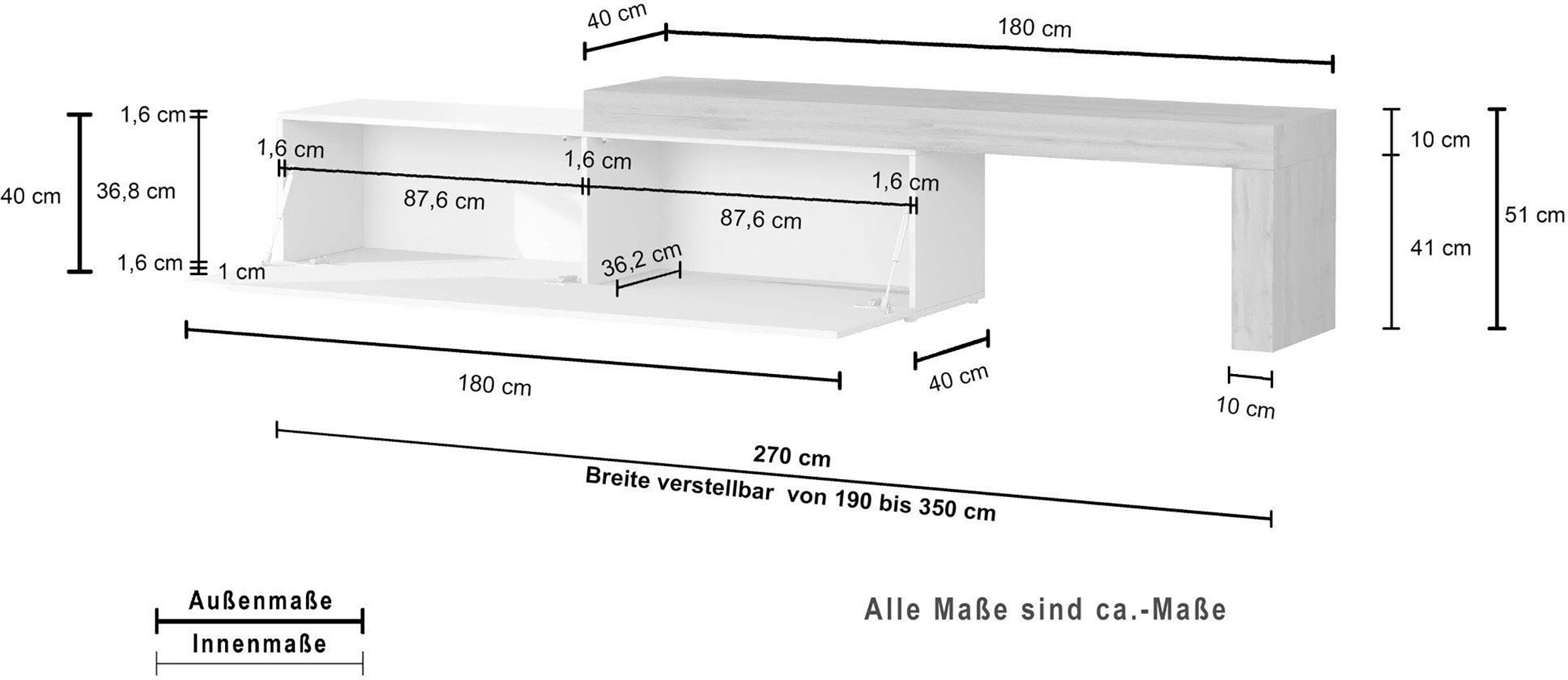 INOSIGN Lowboard »Chronos TV-Board, TV-Schrank«, (1 St., Breite verstellbar von 190 bis 350 cm), Breite 270 cm TV-Board,Lowboard,1 Klappe und ein L-Förmiger Aufsatz