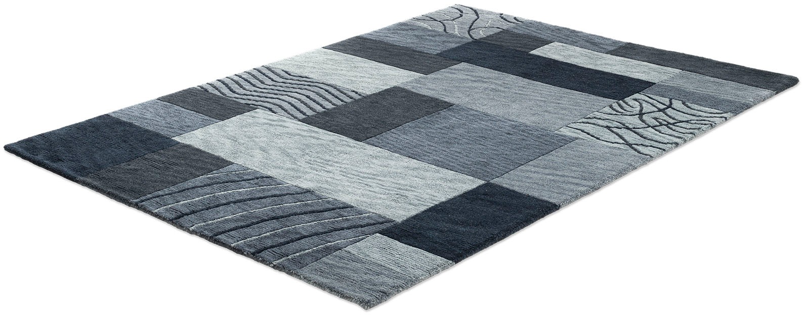THEKO Wollteppich »Royal Domas 4028«, rechteckig, 14 mm Höhe, Kurzflor, reine Wolle, handgetuftet, modernes Patchwork Design