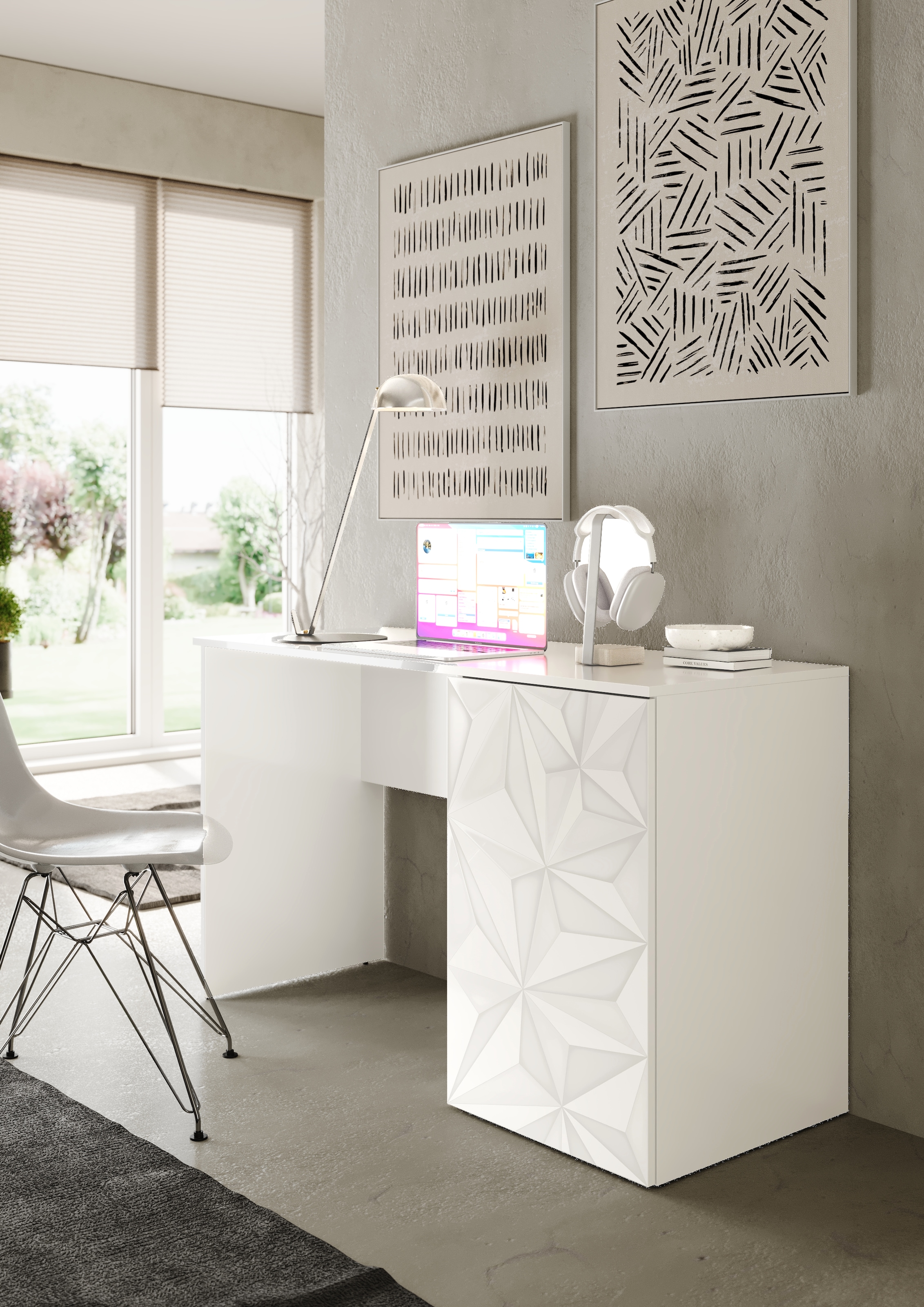 INOSIGN Schreibtisch »Prisma, Breite 120 cm, Tiefe 50 cm, mit Stauraum (1 Tür - 2 Fächer),«, Computertisch, Arbeitstisch, Schminktisch, Tür mit Siebdruck