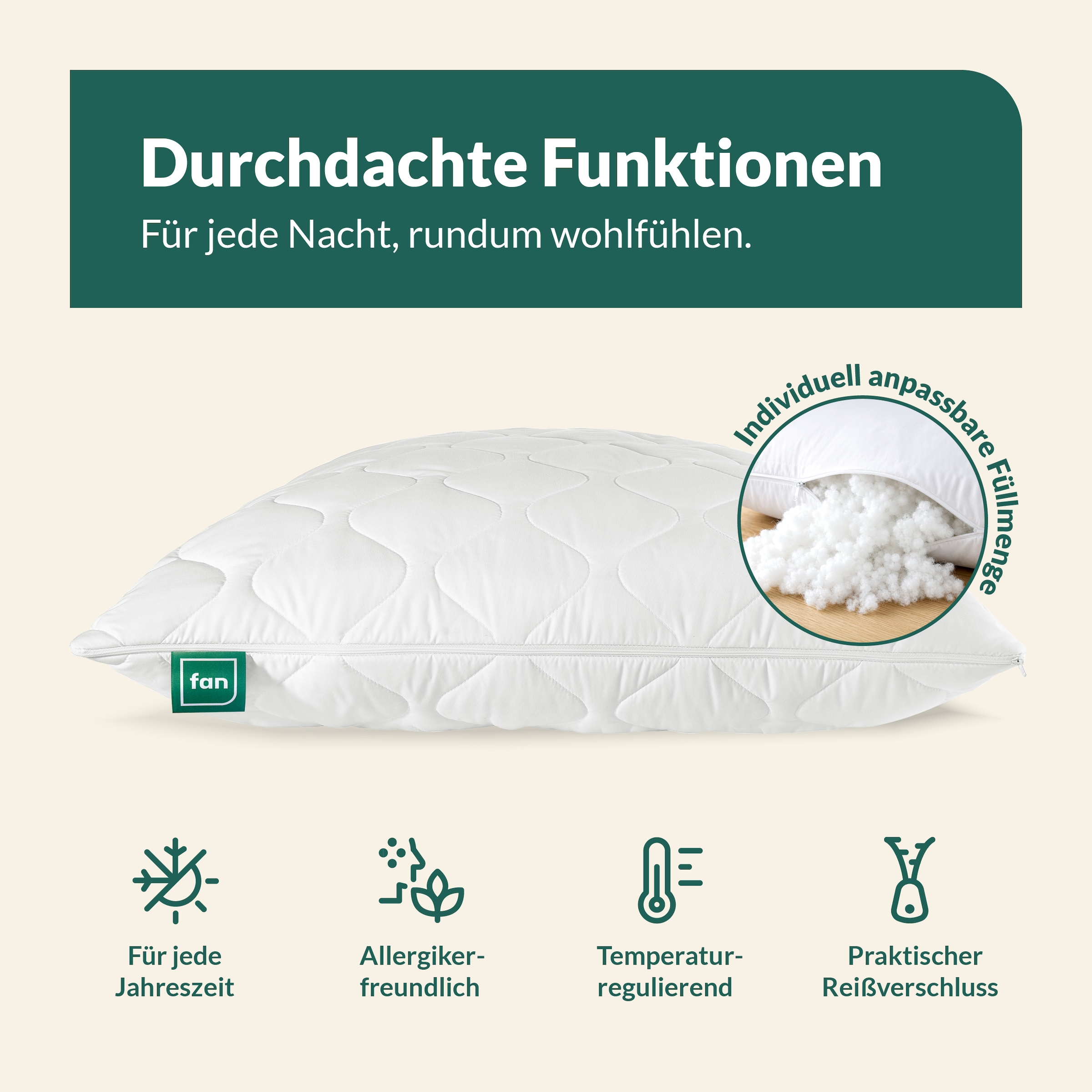 fan Microfaserkissen »Kansas, mit Baumwollbezug und Reißverschluss« Füllung: 100% Microfaser 1 Stk. tlg. in 40x80 oder 80x80 cm, Kopfkissen aus Microfaser, Made in Germany