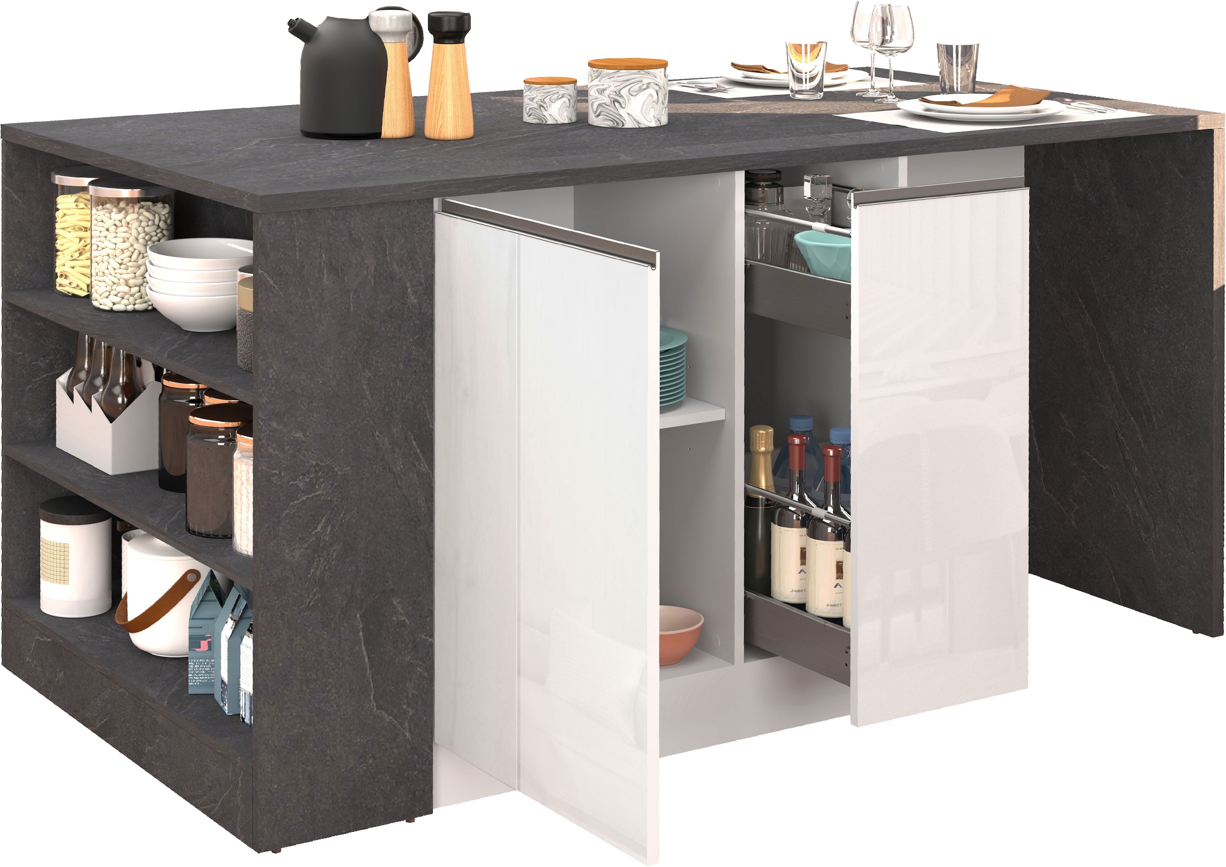 KOCHSTATION Kücheninsel »KS-Sole, Kochinsel, Küchenarbeitsblock, Arbeitsinsel, Made in Italy« Breite 167,5 cm, 2 Apothekerauszüge, 2 Essplätze, 1 offenes Regal