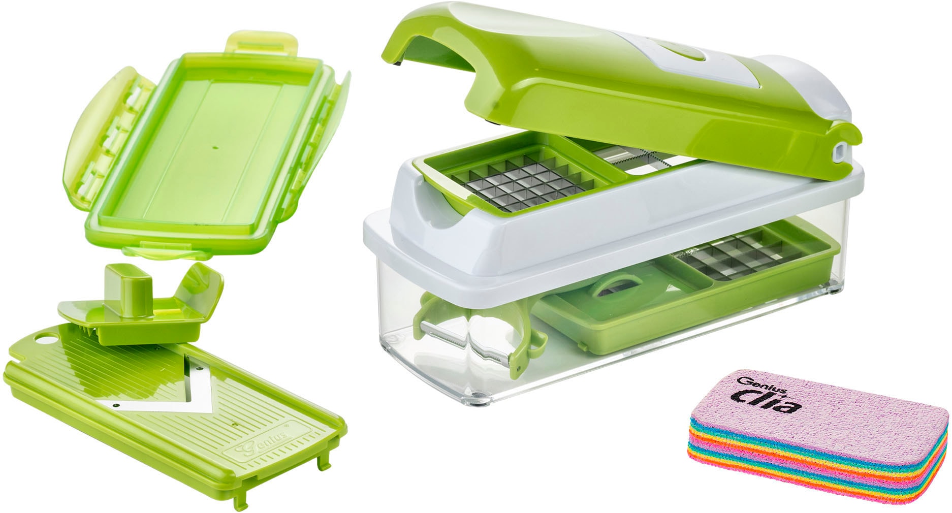 Genius Zerkleinerer »Nicer Dicer smart inkl. CLIA Rainbow Putzschwamm, Set 8-tlg.«, der Nicer Dicer smart verkürzt von Beginn an die Kochvorbereitungen