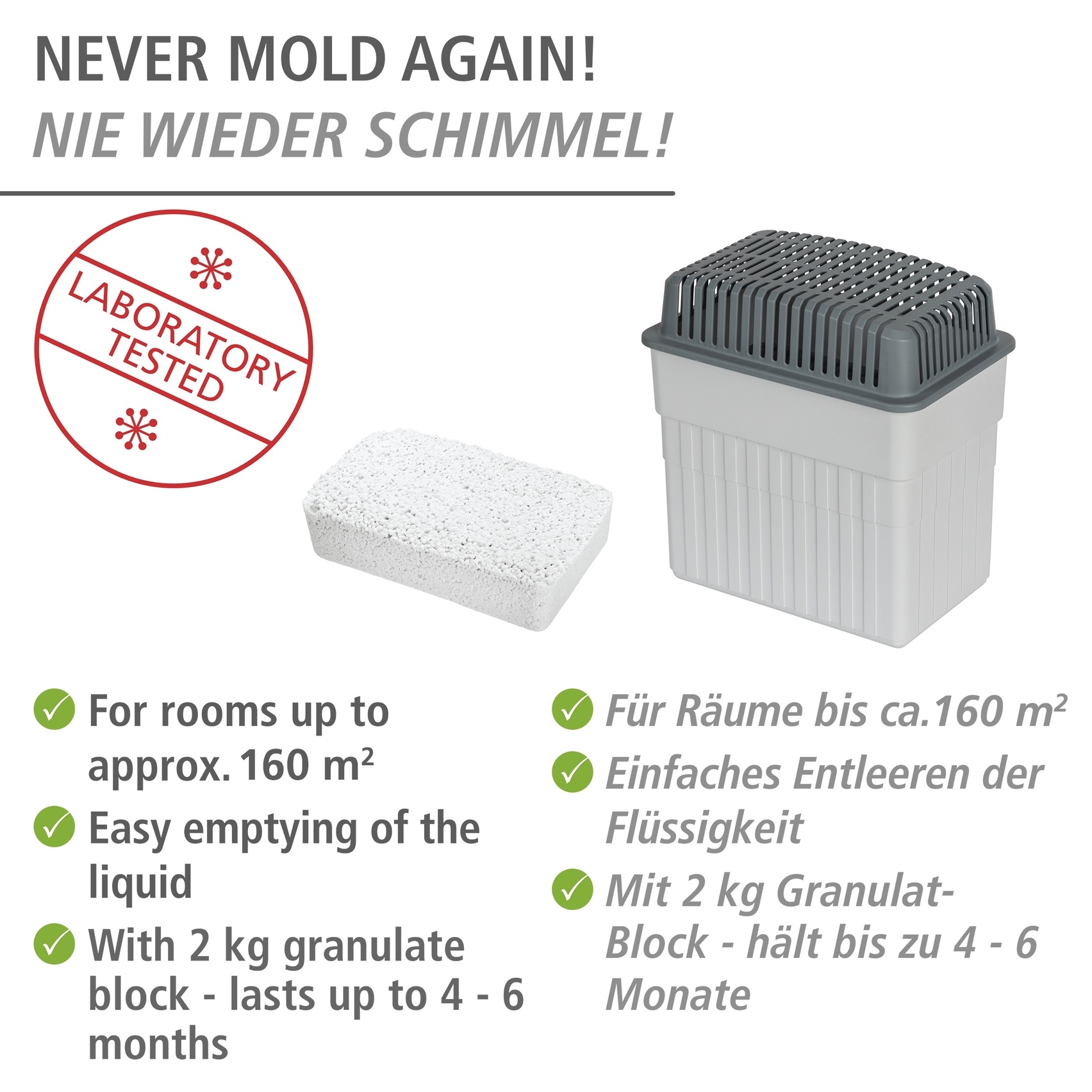 WENKO Luftentfeuchter »Grau« für 160 m³ Räume für Räume bis 160 m³, entfeuchtet geräuschlos und ohne Strom