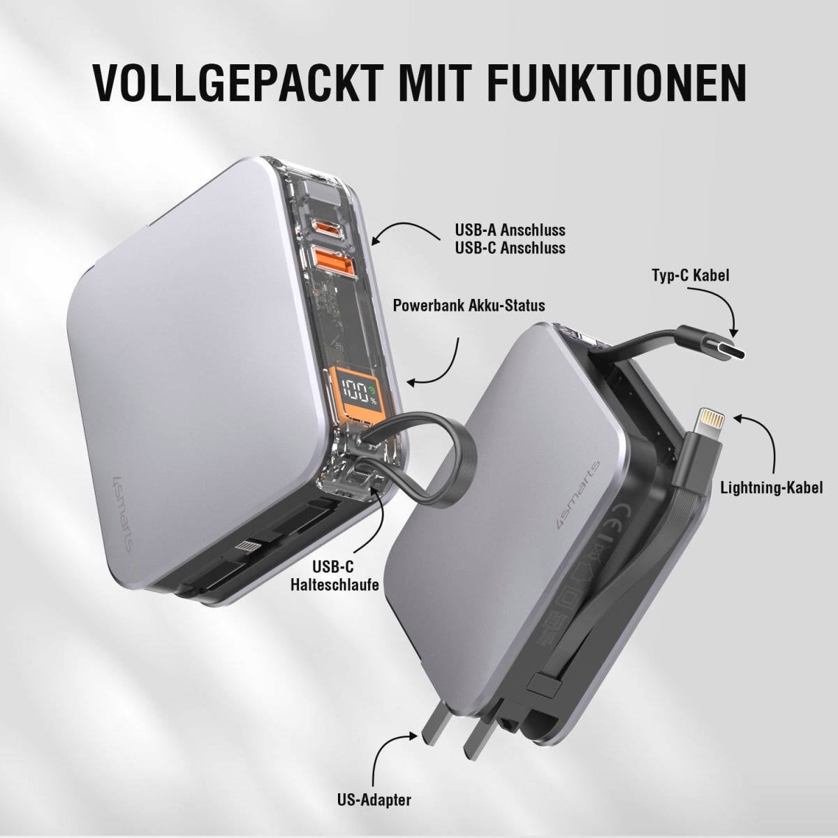 4smarts Powerbank »3in1 Hybrid Charger Lucid, Powerbank integrierten Kabeln«, 4smarts 3in1 Hybrid Charger Lucid, Powerbank inkl. Kabeln