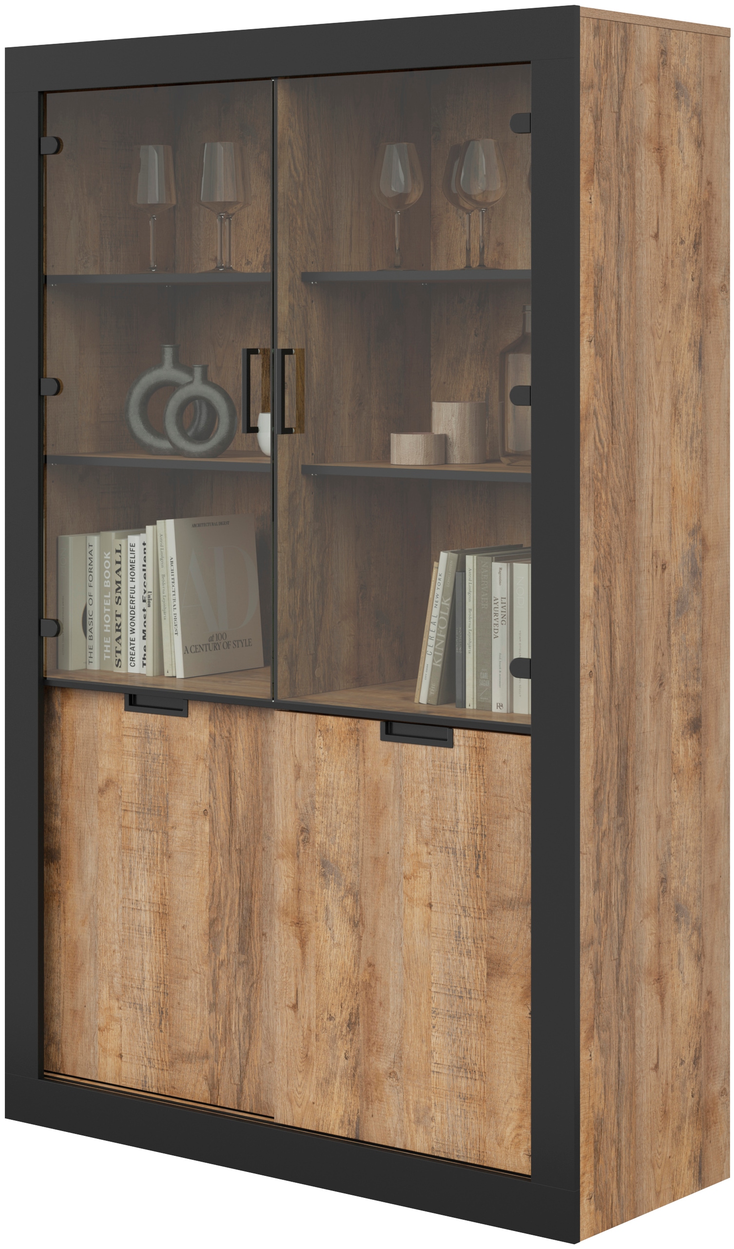 INOSIGN Vitrine »Tudor, Breite 120 cm, moderne Glasvitrine 2x Schiebetüren/2x Glastüren«, Hochschrank im Landhausstil, viel Stauraum, Einlegeböden verstellbar