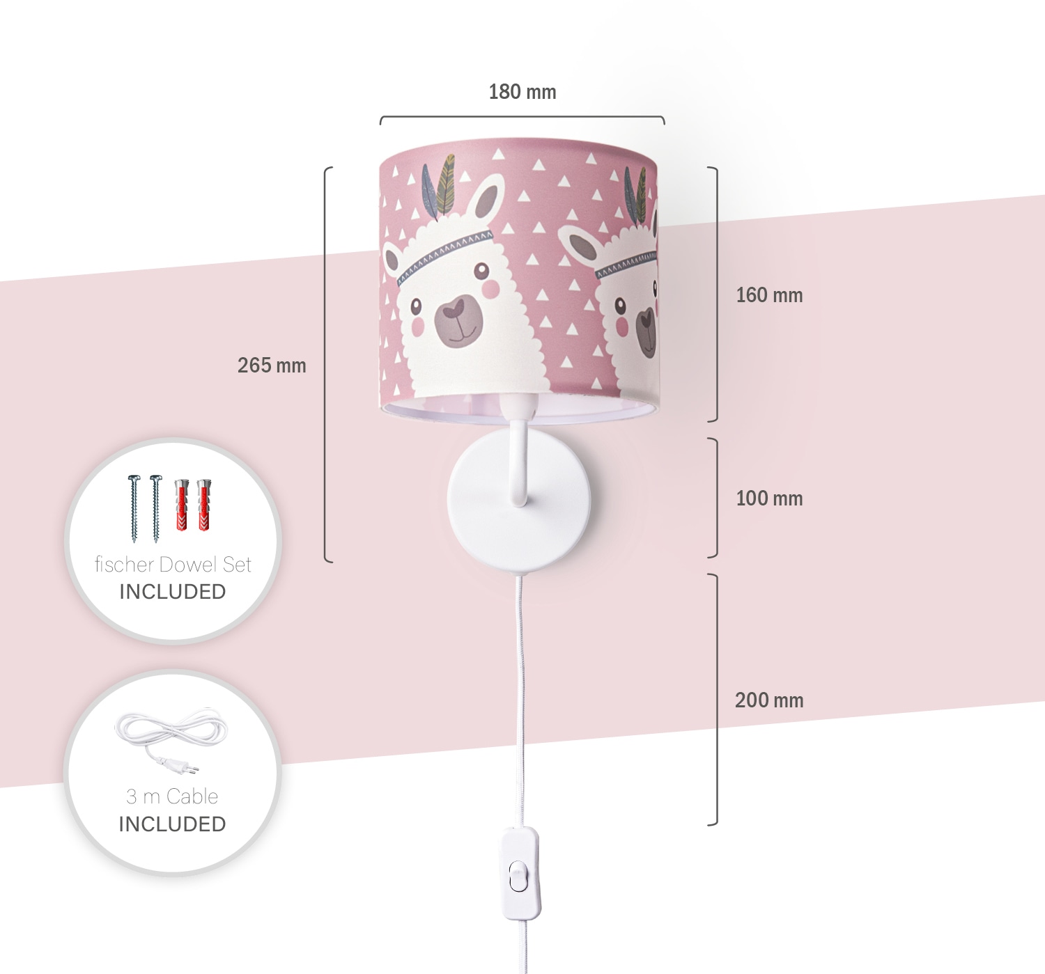 Paco Home Wandleuchte »Ela 214«, 1 flammig, Leuchtmittel E14 | ohne Leuchtmittel, Kinderlampe Wandlampe Mit Schalter Ø…18cm Lama Rosa Grau Kabel 3m E14