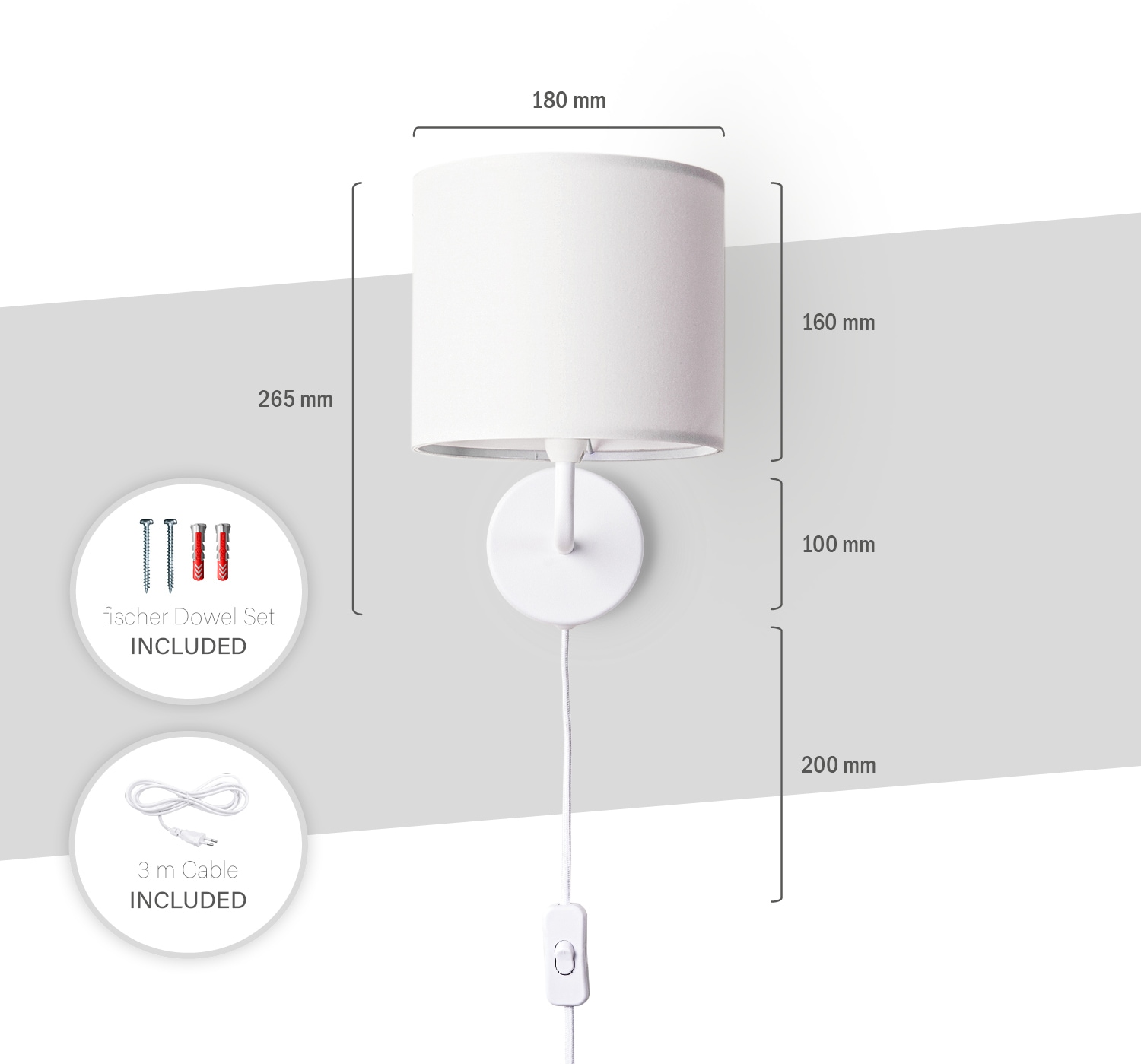 Paco Home Wandleuchte »Uni Color«, 1 flammig, Leuchtmittel E14 | ohne Leuchtmittel, Wandlampe Schalter Flur Wohnzimmer Ø…18cm Unifarben Deko Kabel 3m E14