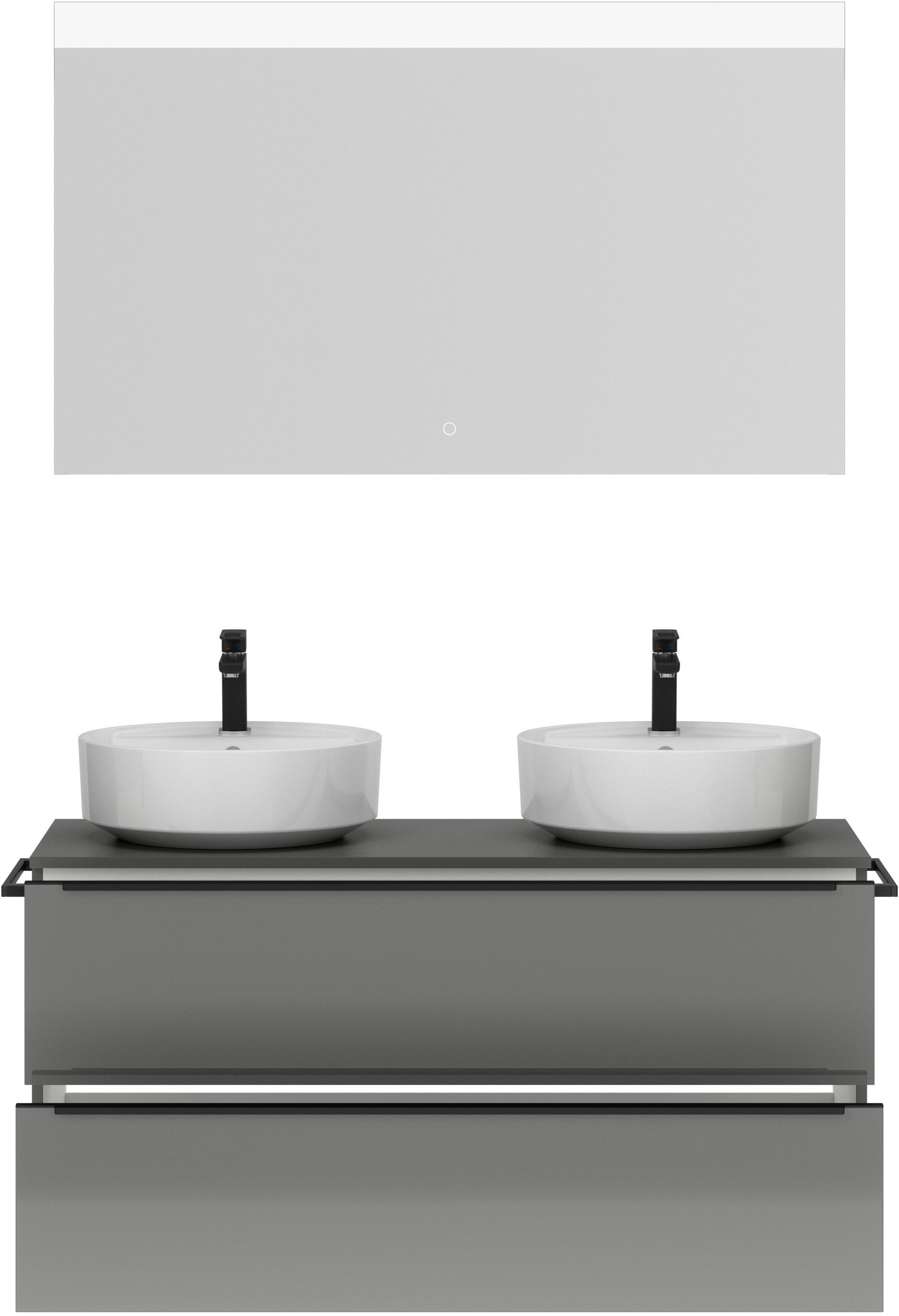 nobilia® Badmöbel-Set »Alvene«, (2 St., vormontiert, mit Soft-Close), Hochglanz, inkl. Spiegel mit Touch-Sensor, in vier Breiten