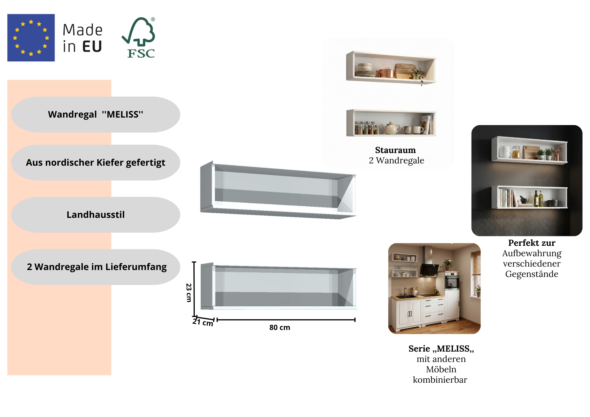 Home affaire Wandregal »Meliss« aus nordischer Kiefer gefertigt, Breite 80 cm, 2-tlg