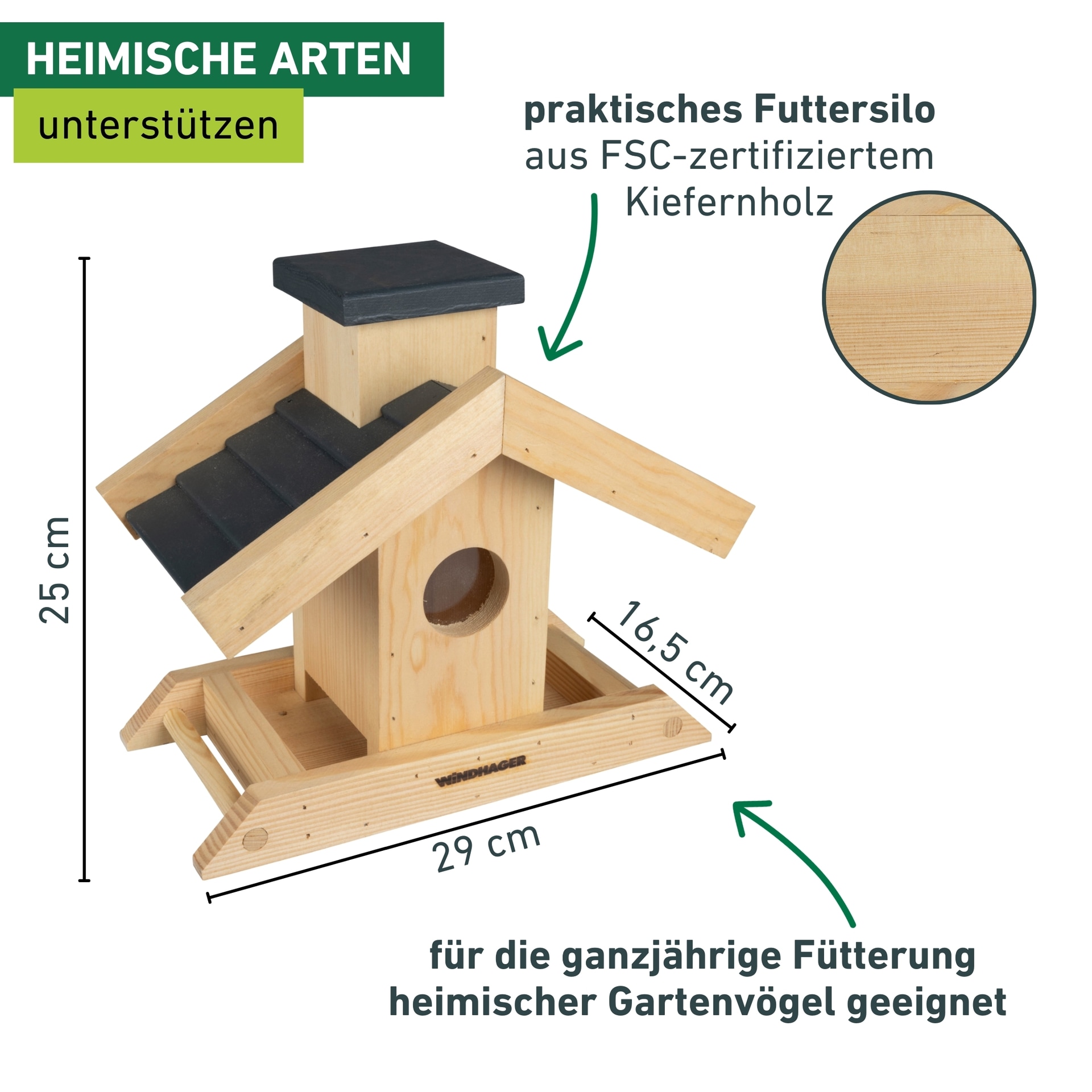 Windhager Vogelhaus »Finca, Futterspender aus Kiefernholz« Futterstation mit Sitzstangen, Füllvolumen ca. 1,25 Liter