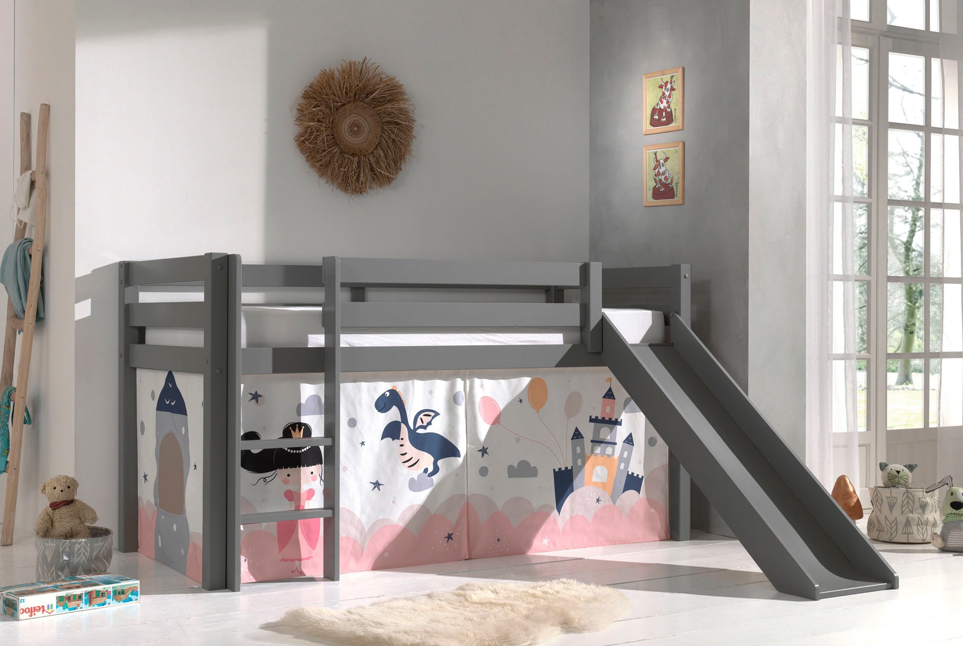 2. Bild von Vipack Spielbett »Vipack Pino«, (Made in Europe), Hochbett mit Textil-Set, inkl. Rolllattenrost, Leiter und Rutsche