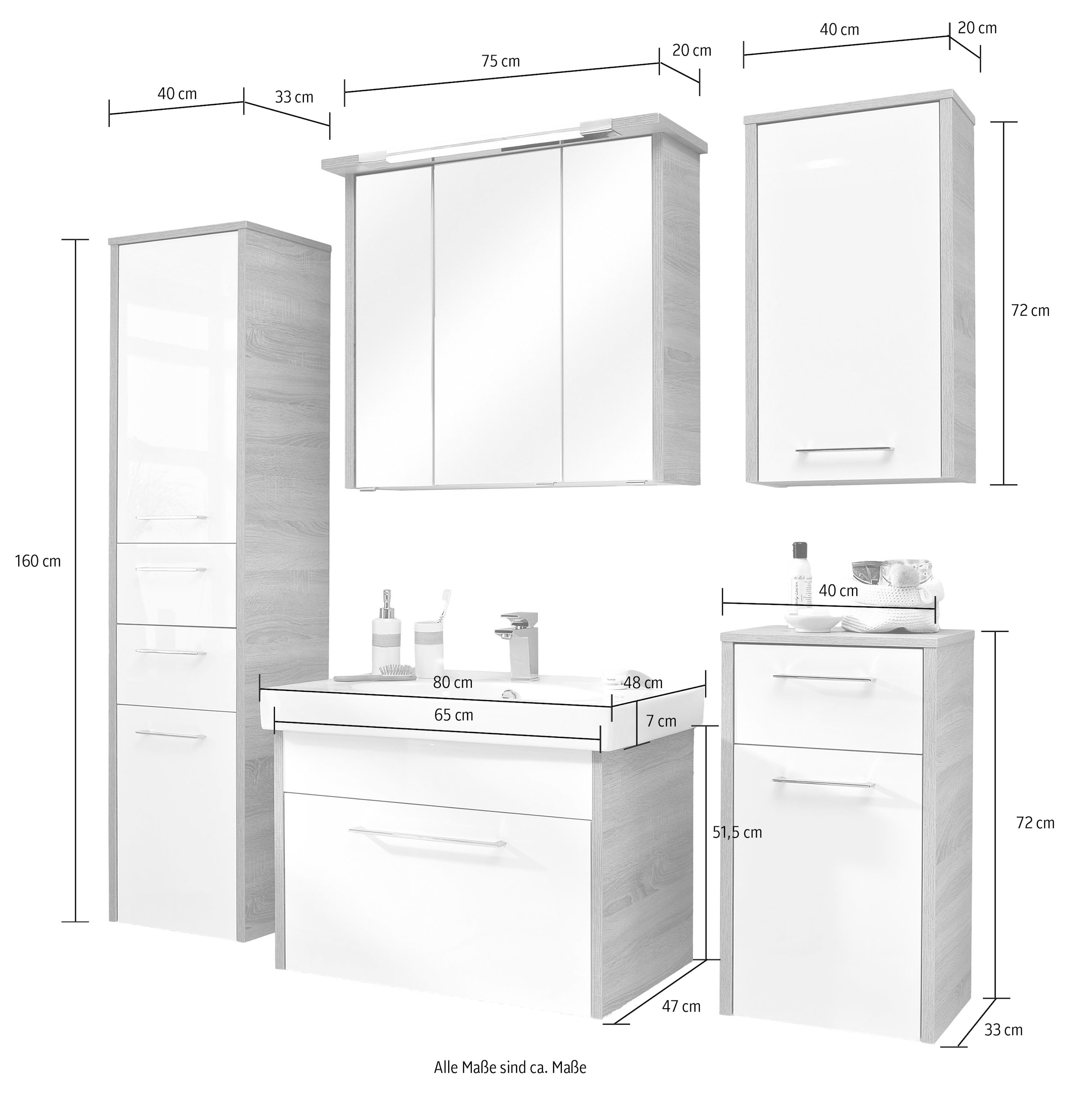 Saphir Badmöbel-Set »Quickset 382 5-teilig, Keramik-Waschtisch mit LED-Spiegelschrank«, (6 St.), Midischrank, Unterschrank, Hängeschrank, inkl. Türdämpfer, 8 Türen