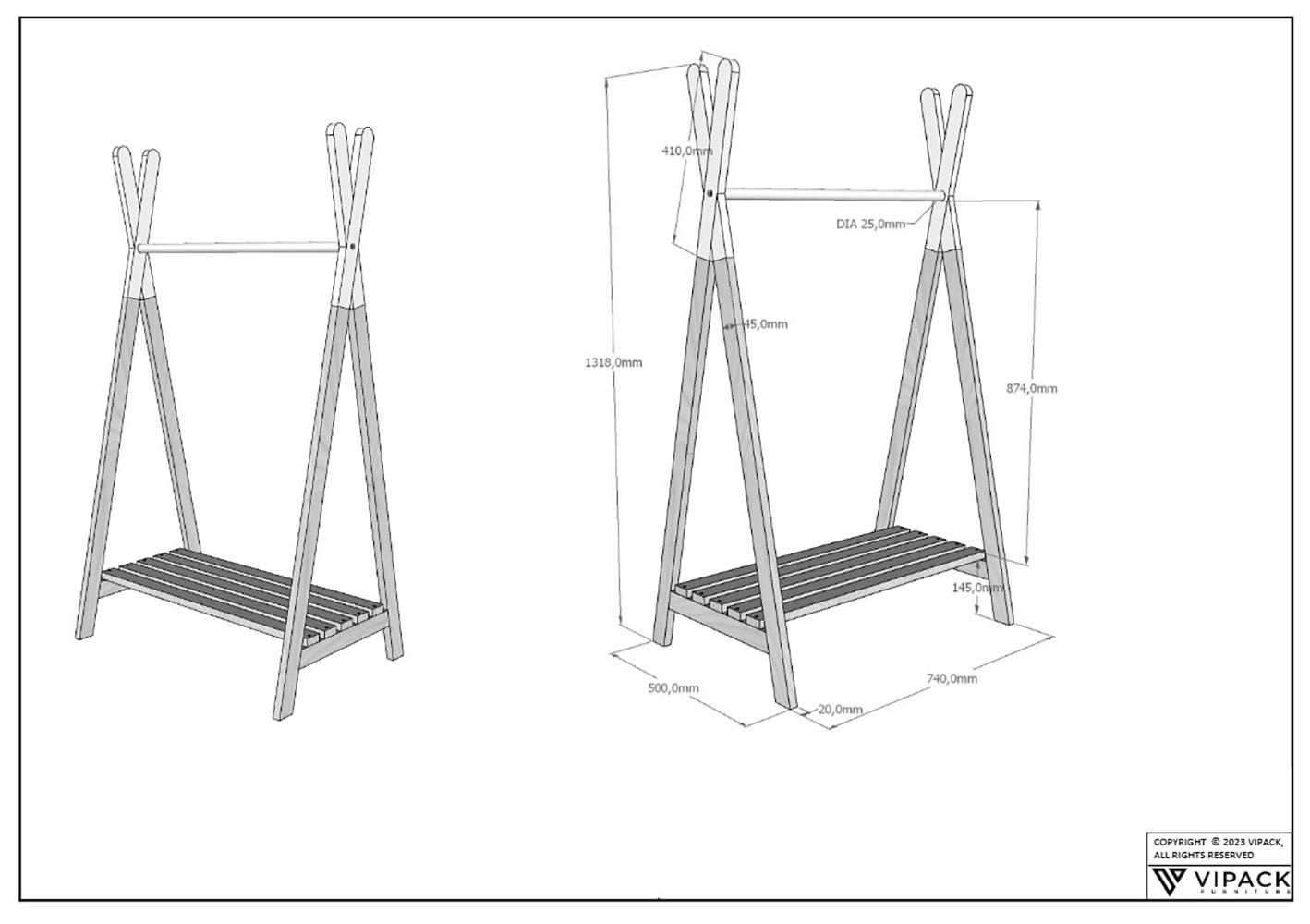 Vipack Kleiderständer »Forrest universell einsetzbar«, (B/H/T ca. 74x132x50 cm, Eiche massiv geölt), inkl. Schuhgitter und Kleiderstange