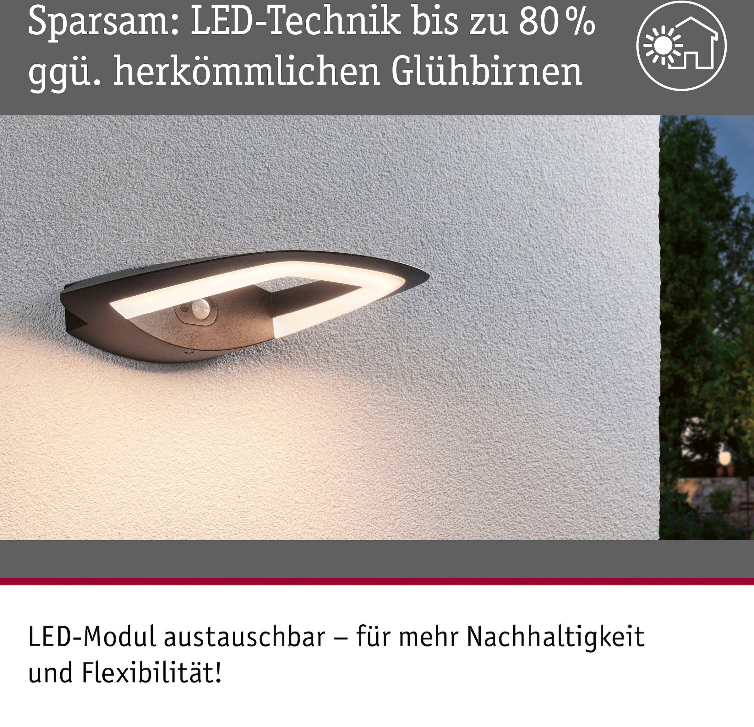 Paulmann LED Außen-Wandleuchte »Outdoor 230V Akena PIR anthrazit«, 1 flammig, PIR-Sensor, Bewegungsmelder